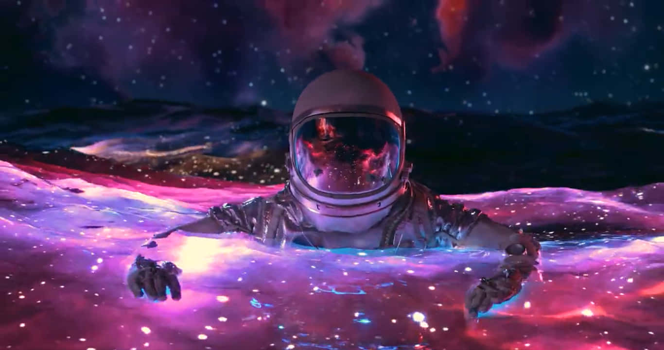 太空人 桌布 壁紙 — 一名太空人在繁星點點的天空下漂浮在由發光的紫色和粉紅色星雲組成的宇宙海洋中。