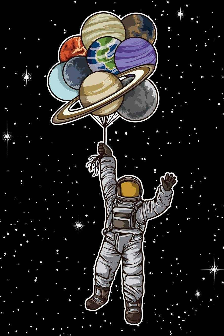 太空美學動圖 桌布 壁紙 — 一名太空人在繁星點點的太空漂浮，手持一串色彩繽紛的行星氣球，背景是黑色宇宙。