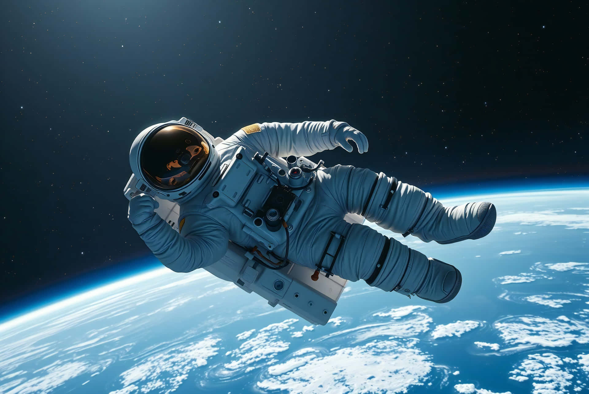 Space Journey 壁紙 — 一名太空人在繁星點點的黑色天空中，無重地漂浮在地球藍色彎曲的地平線之上。