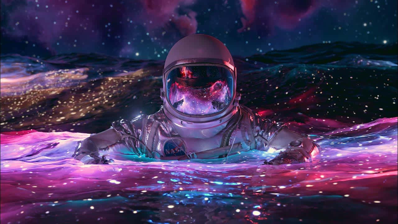 Amazing Astronaut 桌布 壁紙 — 一名太空人在閃爍粉紅和藍色色調的星雲星空下漂浮於宇宙水域中。