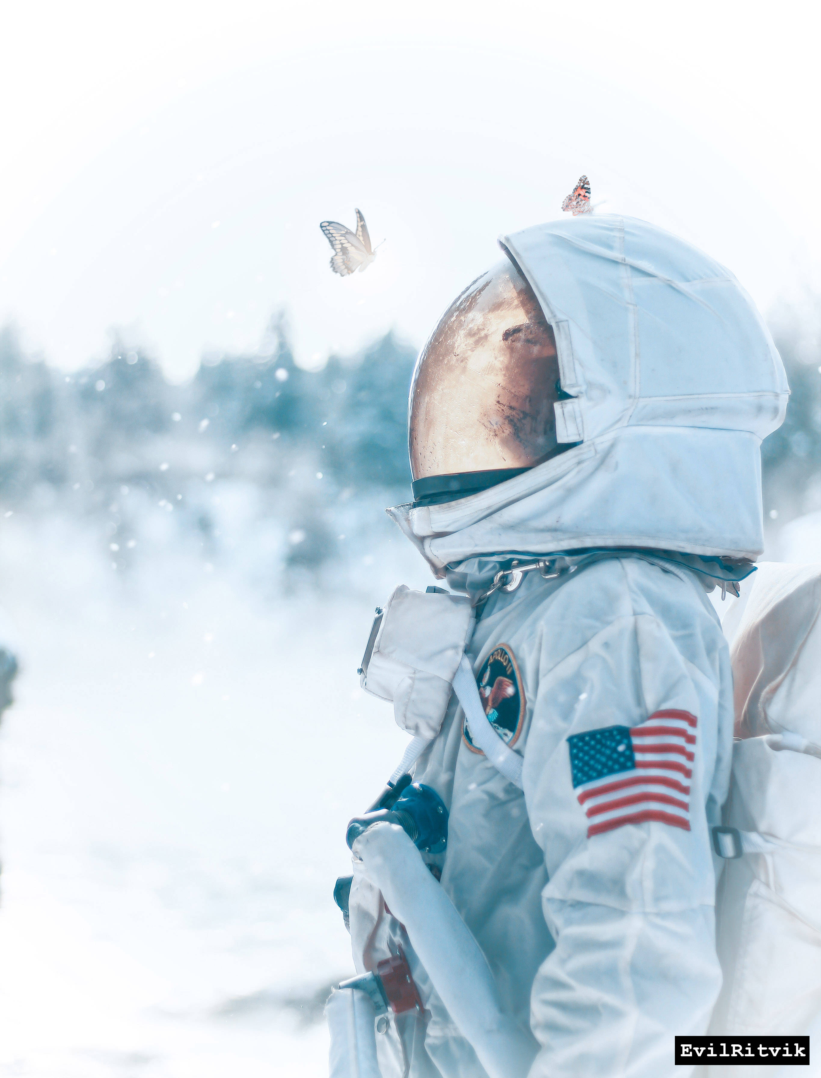 太空人 桌布 壁紙 — 一名太空人在雪景中凝視著在頭盔附近飛舞的蝴蝶。