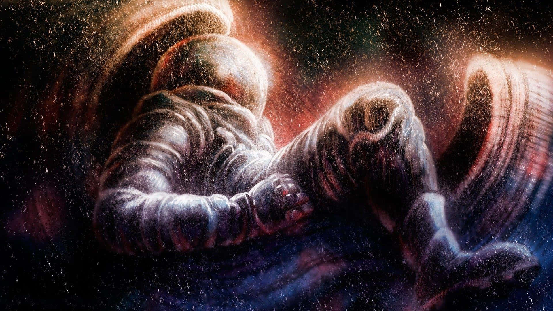 Astronaut Desktop 桌布 壁紙 — 一名太空人在零重力下漂浮，周圍是旋轉的宇宙塵埃和發光的星雲，下方是星空虛空。
