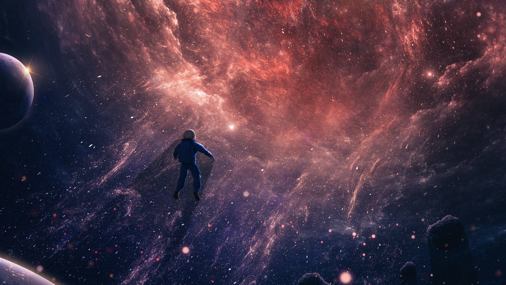 宇宙美學 桌布 壁紙 — 一名太空人在零重力下漂浮，置身於充滿活力的宇宙星雲中，有發光的紅色和紫色雲層以及遙遠的星星。