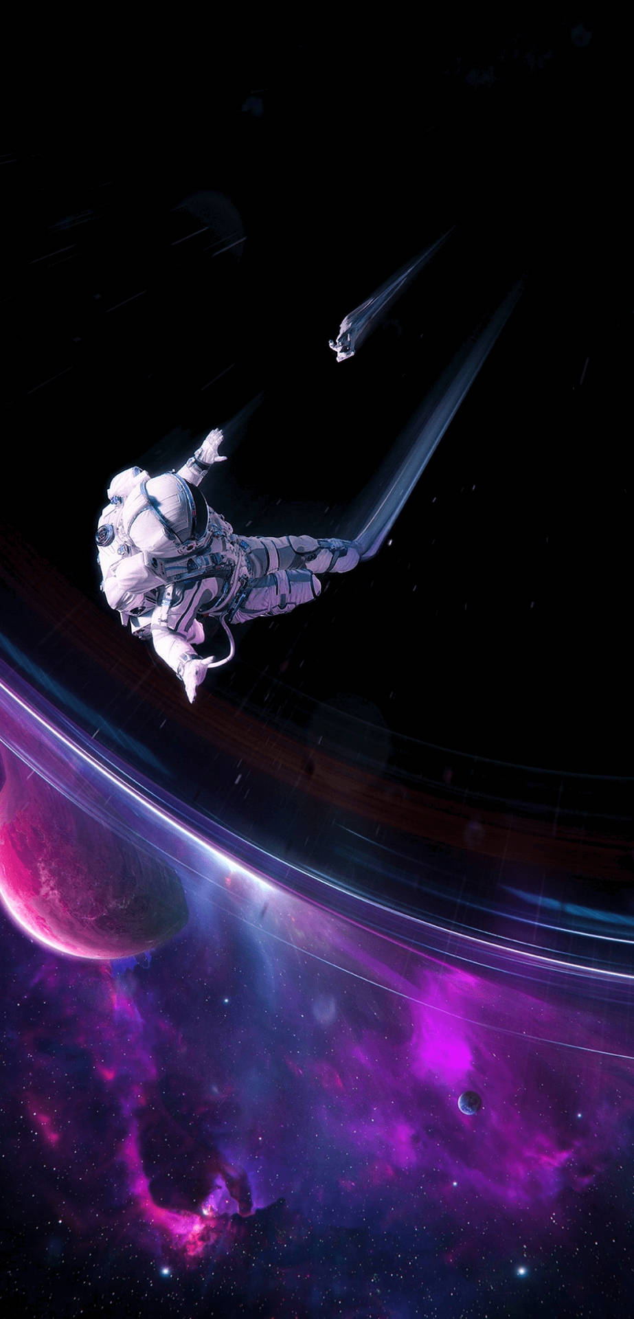 太空人在有環行星和發光星雲附近的多彩宇宙空間中漂流。