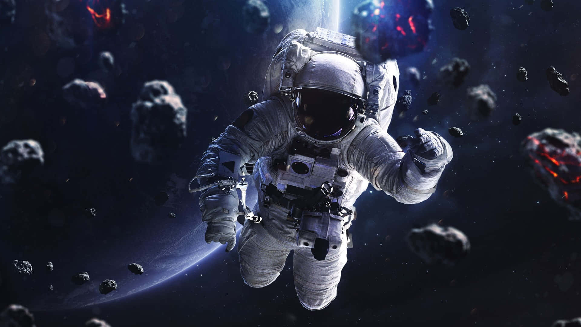 Space Mission 桌布 壁紙 — 一名太空人在零重力下漂浮於發光的小行星之間，下方有行星在深空中彎曲。
