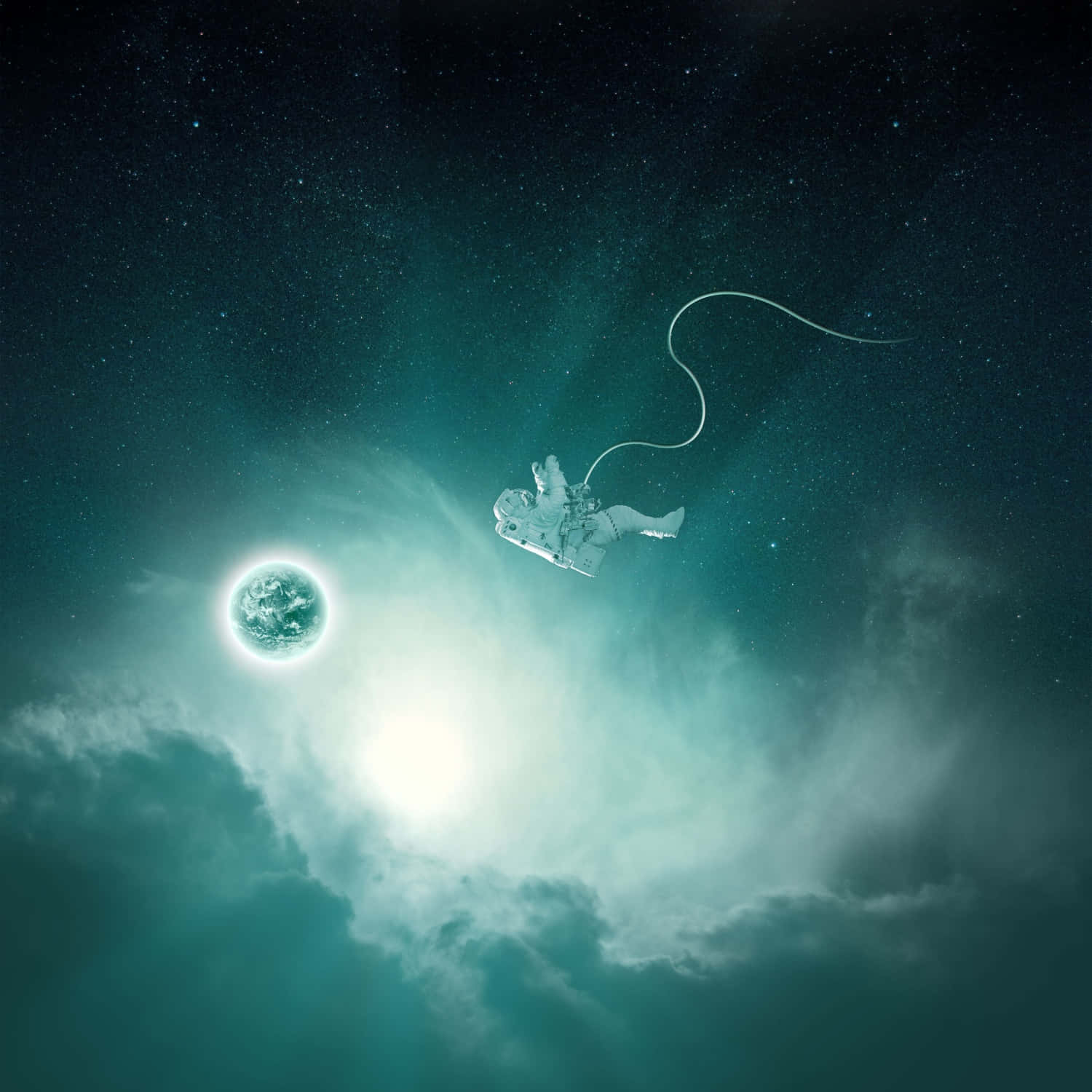 Space Exploration 桌布 壁紙 — 一名太空人在青綠色的太空漂浮，靠近一顆發光的地球，周圍有旋轉的星雲和星星。