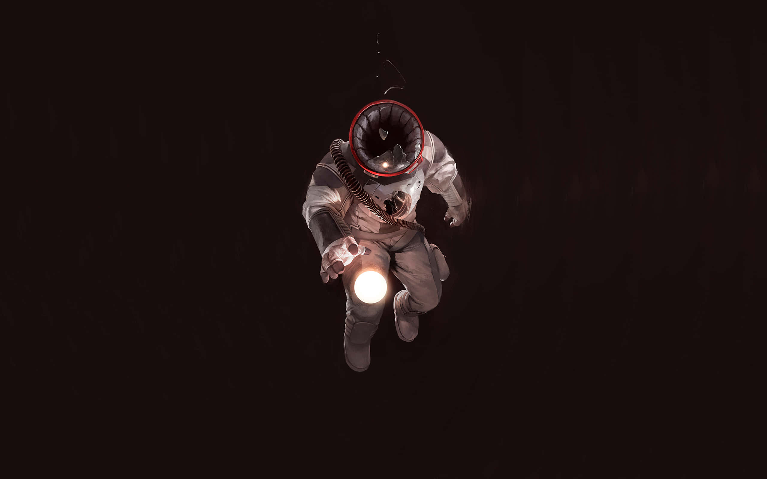 Scary Space 桌布 壁紙 — 一名太空人在黑暗中漂浮，手持發光的光源，頭盔面罩帶有紅色環，反射出微弱的星星。