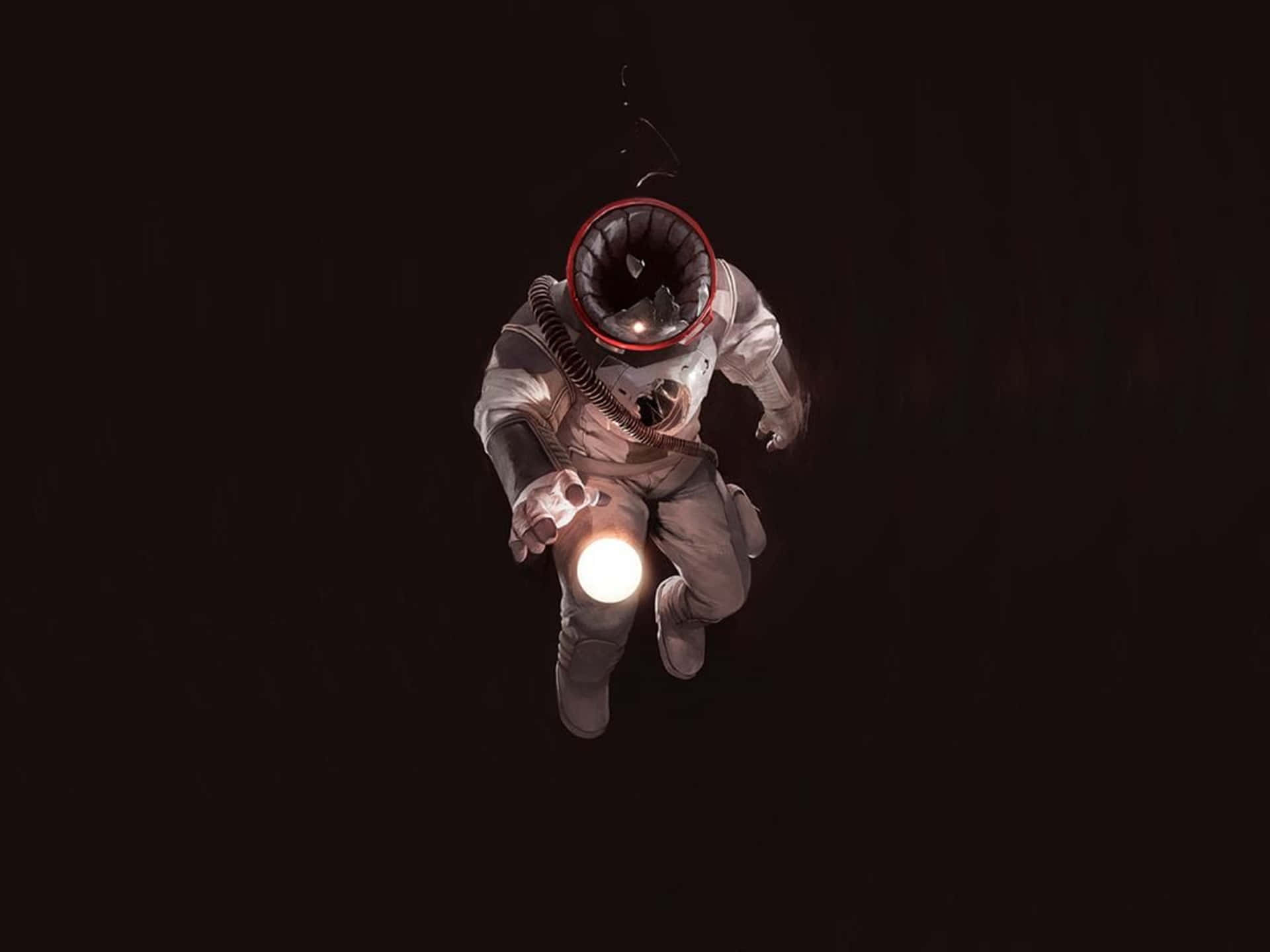 詭異的GIF 桌布 壁紙 — 一名太空人在黑暗中漂浮，手持發光球體，頭盔破裂露出扭曲的臉孔。