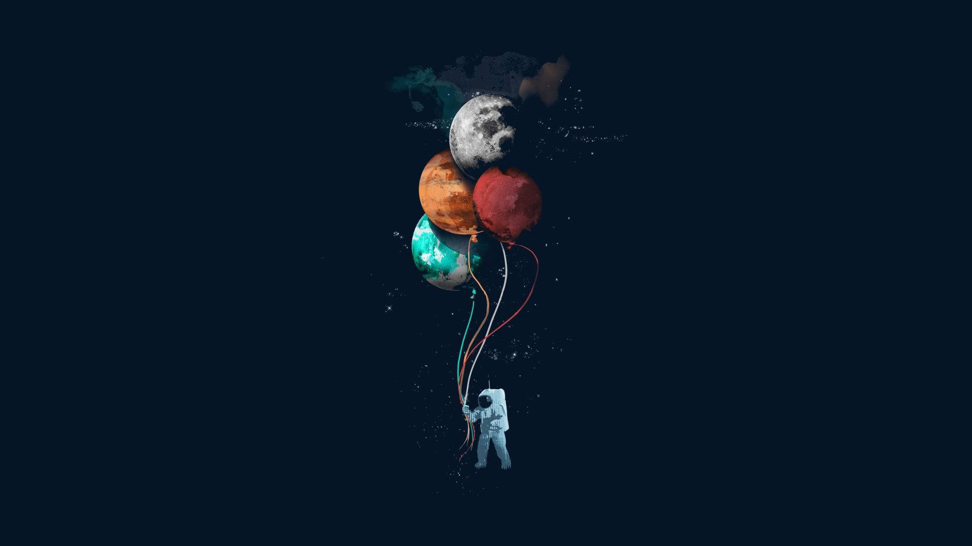 太空人 桌布 壁紙 — 一名太空人在黑暗中漂浮，手持連接到四個彩色行星氣球的繩子，背景為深海軍藍色。