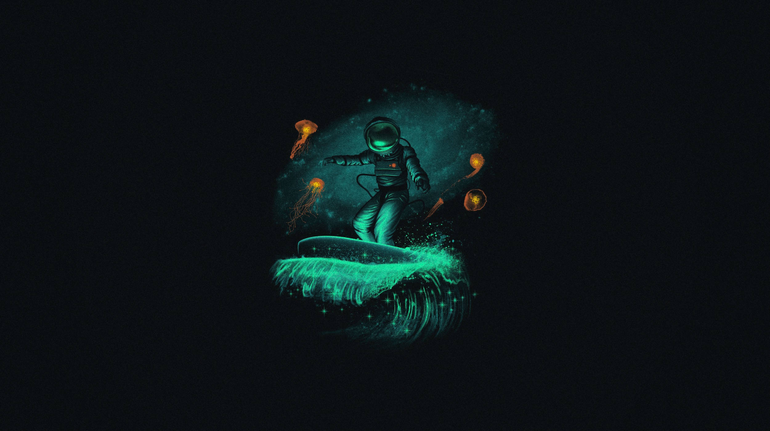 Astronaut In Space 桌布 壁紙 — 一名太空人在黑暗的宇宙背景下，被橙色水母包圍，衝浪在發光的藍綠色波浪上。