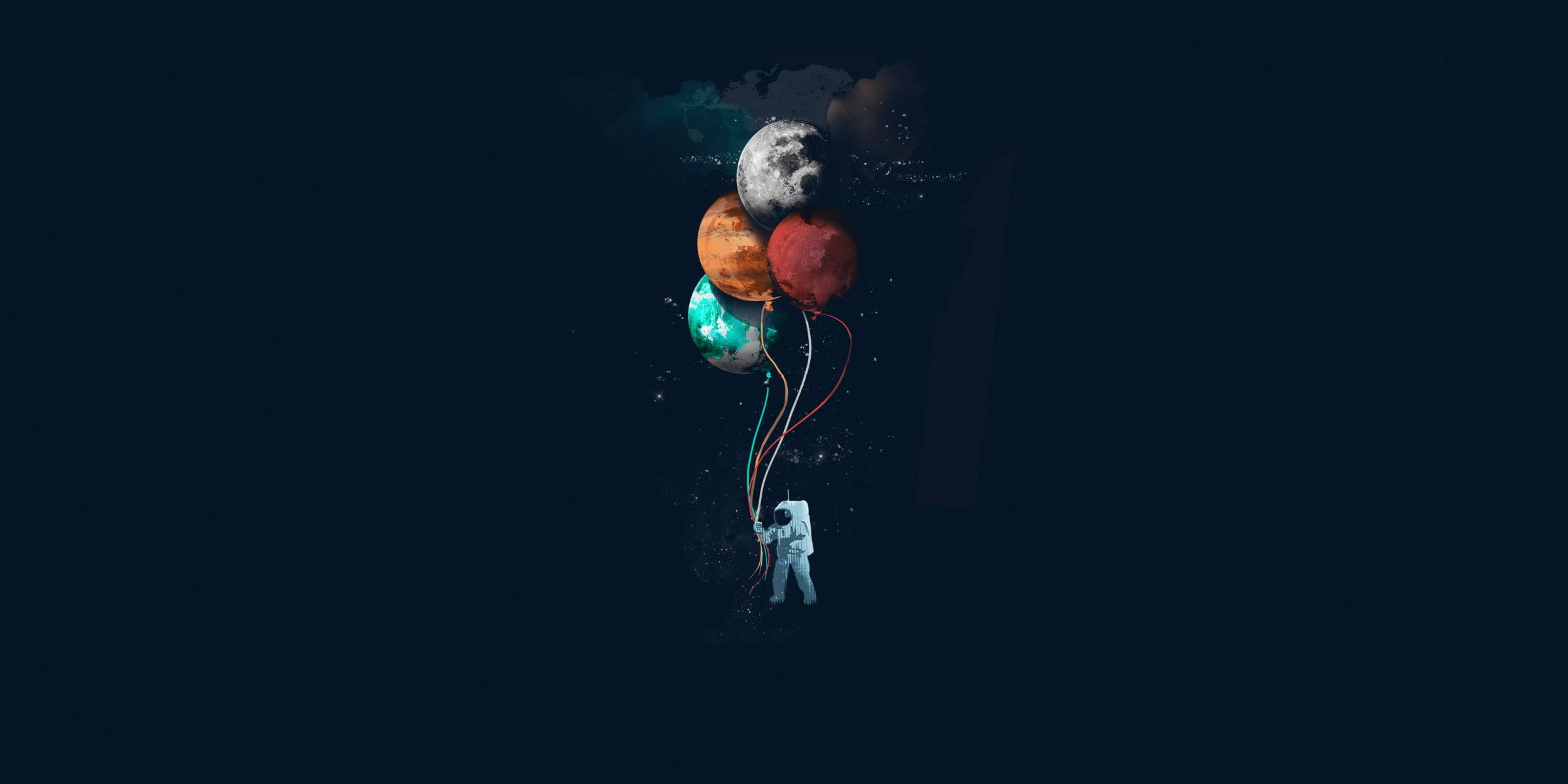 太空人 桌布 壁紙 — 一名太空人在黑暗的宇宙背景下漂浮，手持行星形狀的氣球。