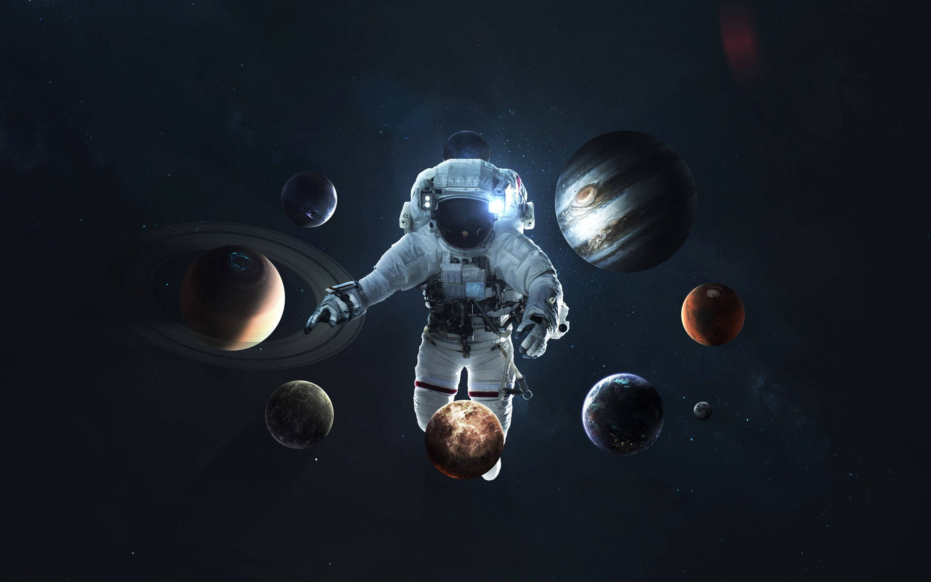 桌布 壁紙 — 一名太空人在黑暗的宇宙背景下漂浮，周圍環繞著發光的行星和恆星。