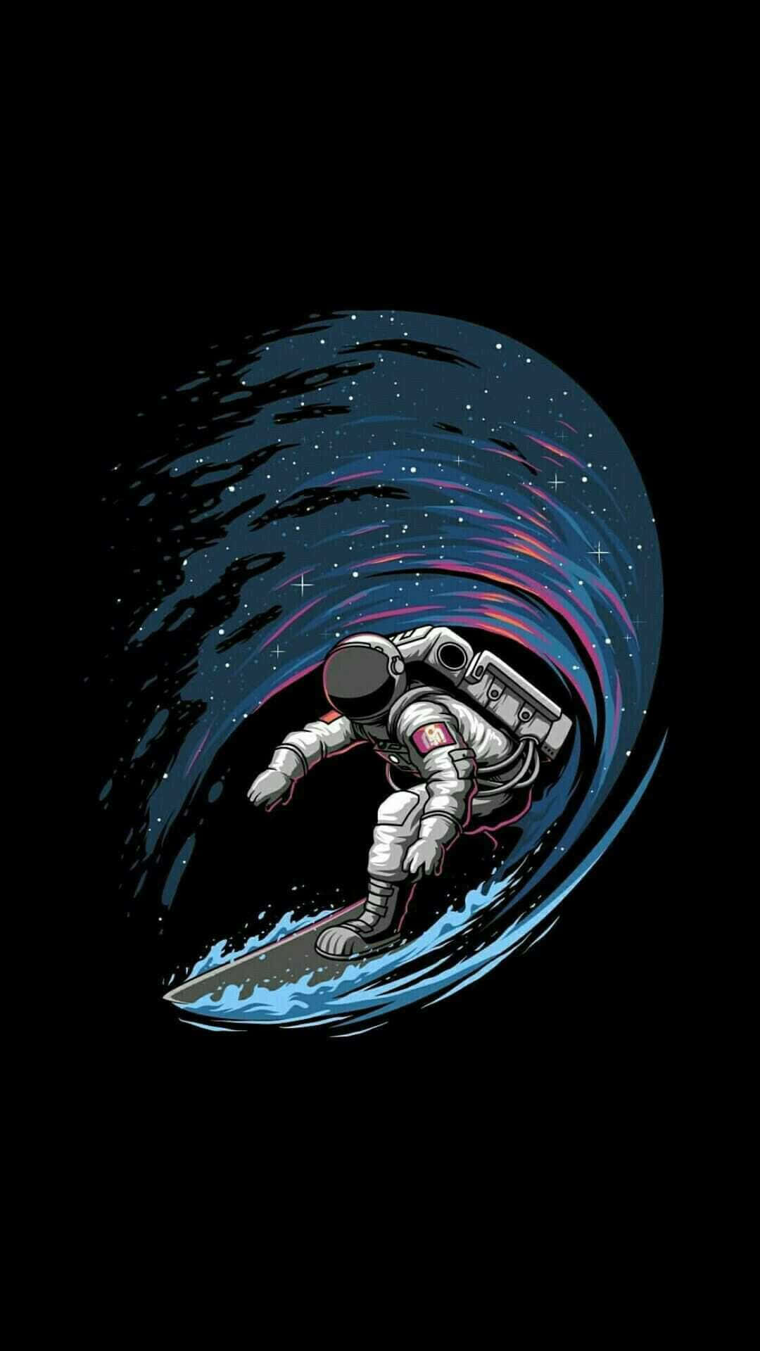 Surfing iPhone 桌布 壁紙 — 一名太空人在黑色虛空中衝浪，穿越一條帶有星星和霓虹色彩的宇宙波浪。