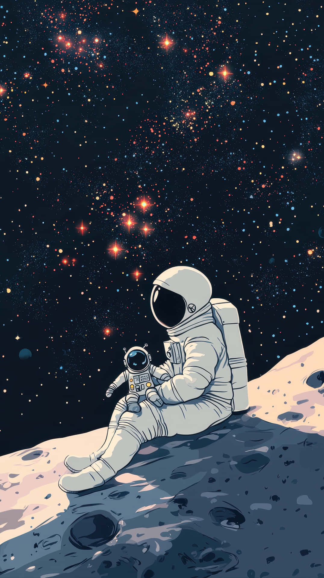 Astronaut Relaxing on a Rocky Cosmic Moon Surface Gazing into Sky 壁紙 — 一名太空人坐在月球隕石坑上，抱著一個小機器人，凝視著繁星點點的夜空。