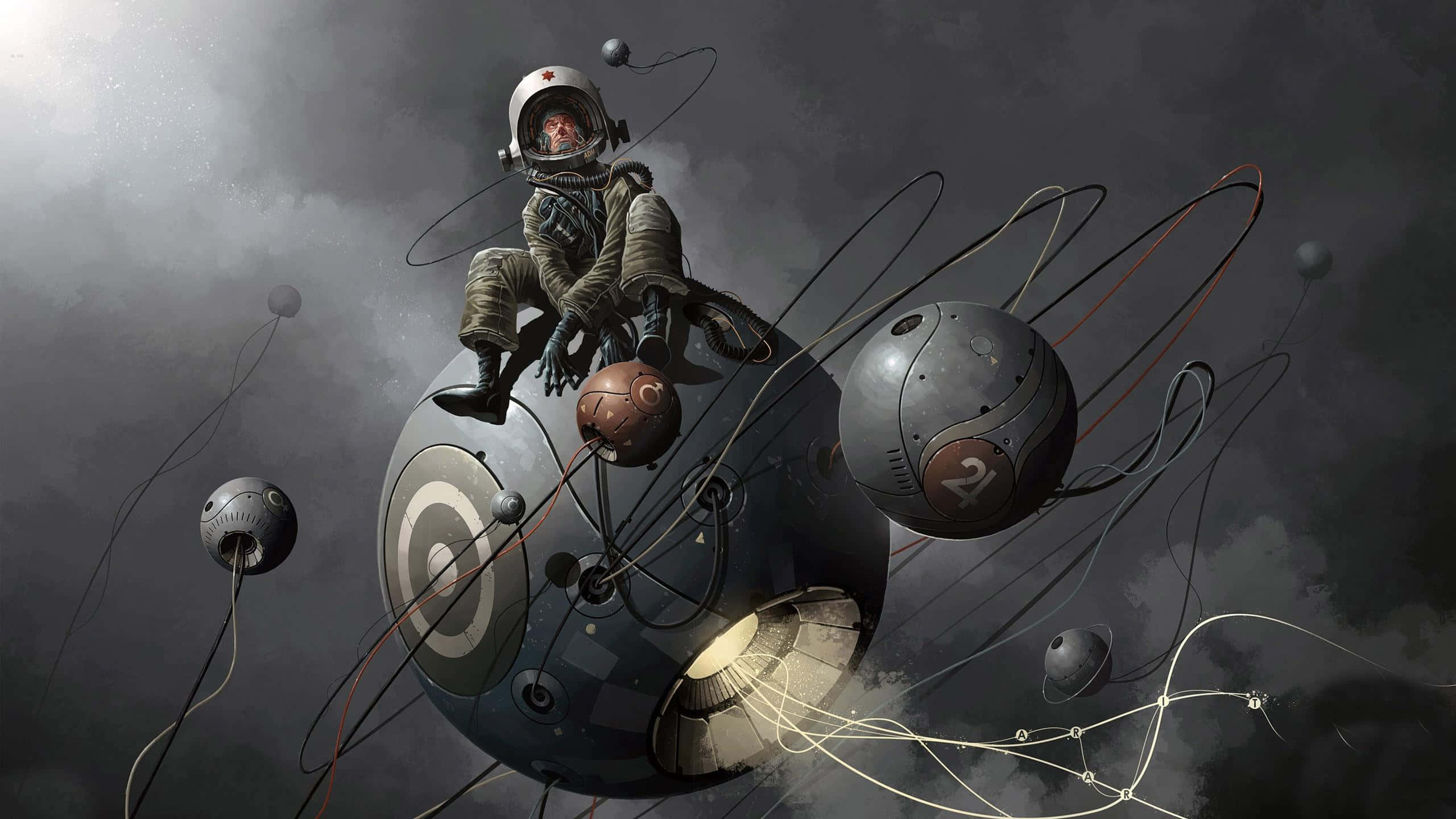 Astronaut Desktop 桌布 壁紙 — 一名太空人坐在機械球體上，周圍漂浮著球體和纏繞的電線，背景是暴風雨般的灰色天空。