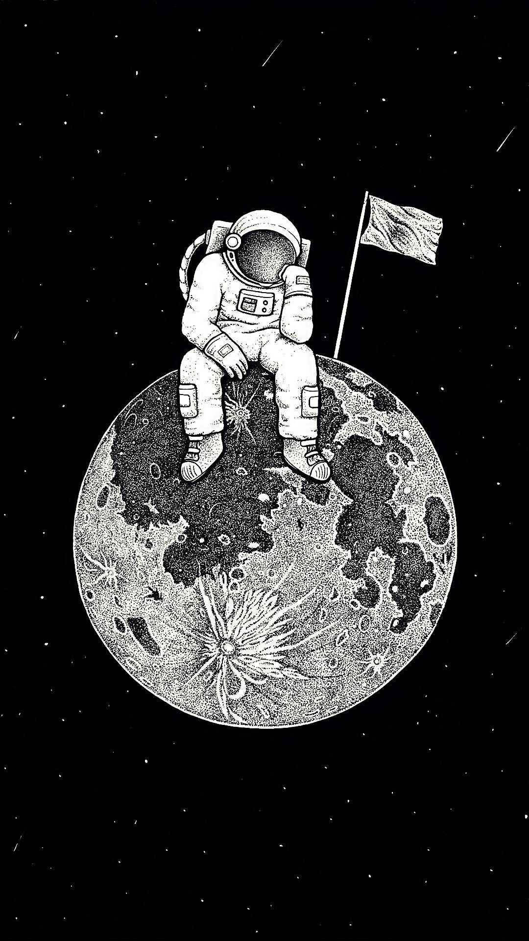 太空人坐在月球上，旗幟在太空中飄揚