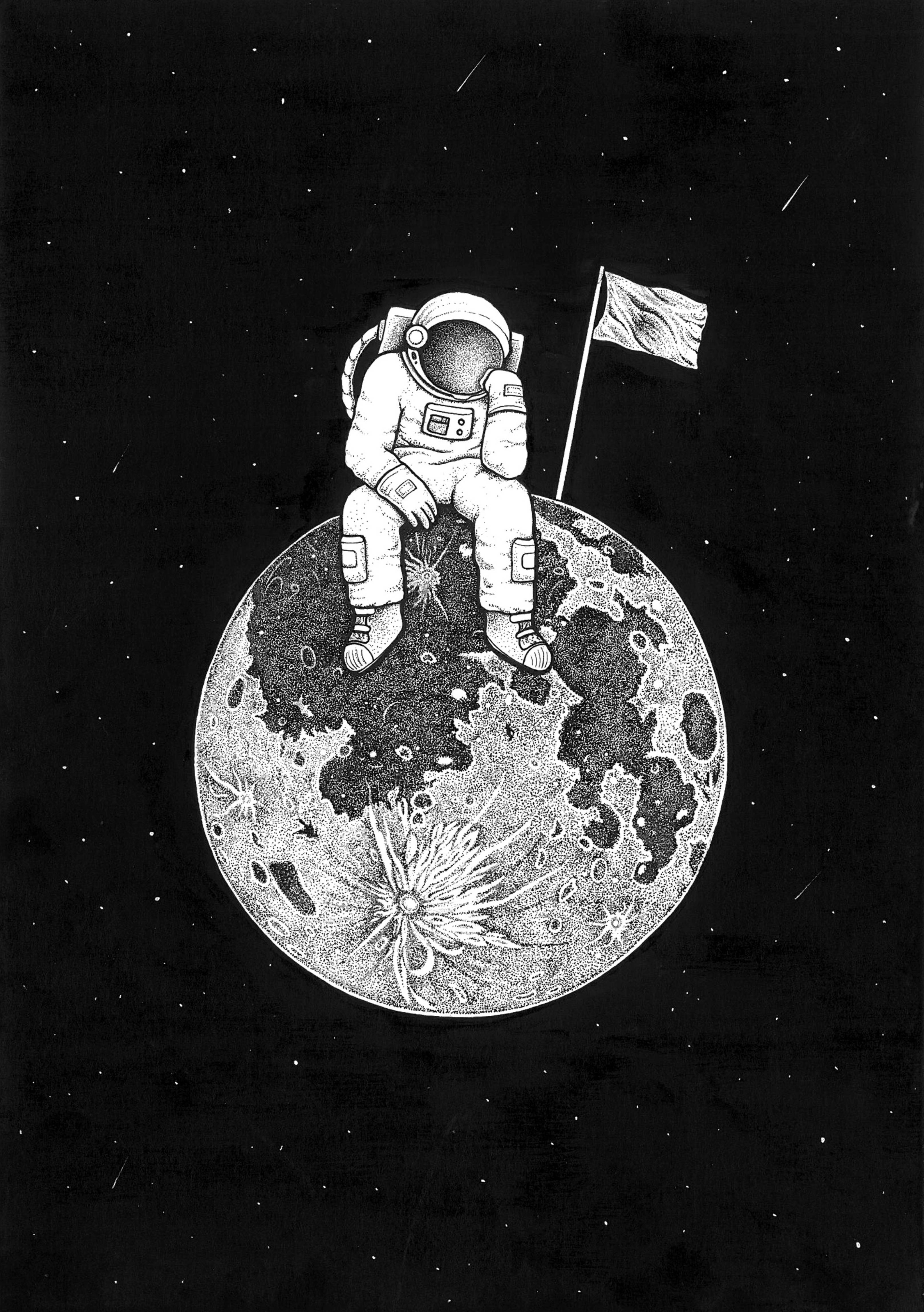 astronaut aesthetic 桌布 壁紙 — 一名太空人坐在細節豐富的月球上，手持旗幟，背景是繁星點點的夜空和劃過的流星。