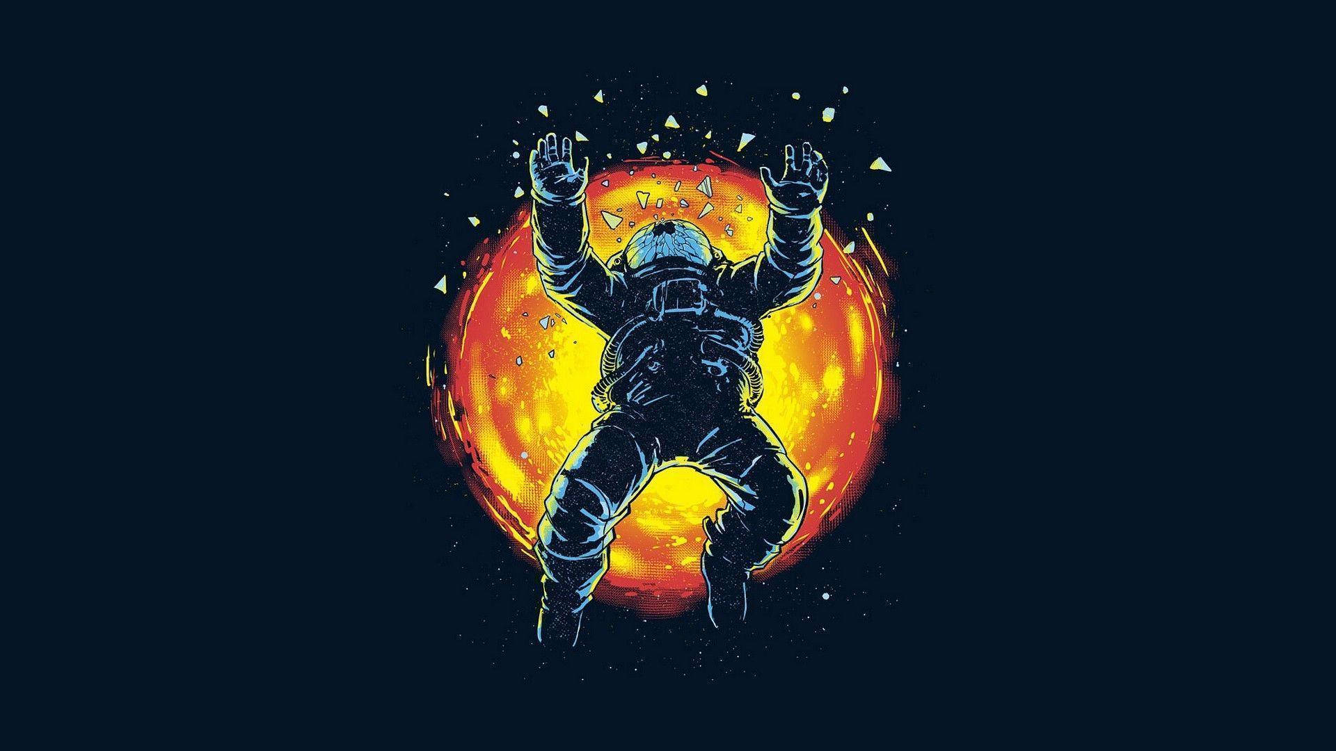 太陽 桌布 壁紙 — 一名太空人對著火紅色的太陽，高舉雙臂，以宇宙勝利的姿態漂浮著。
