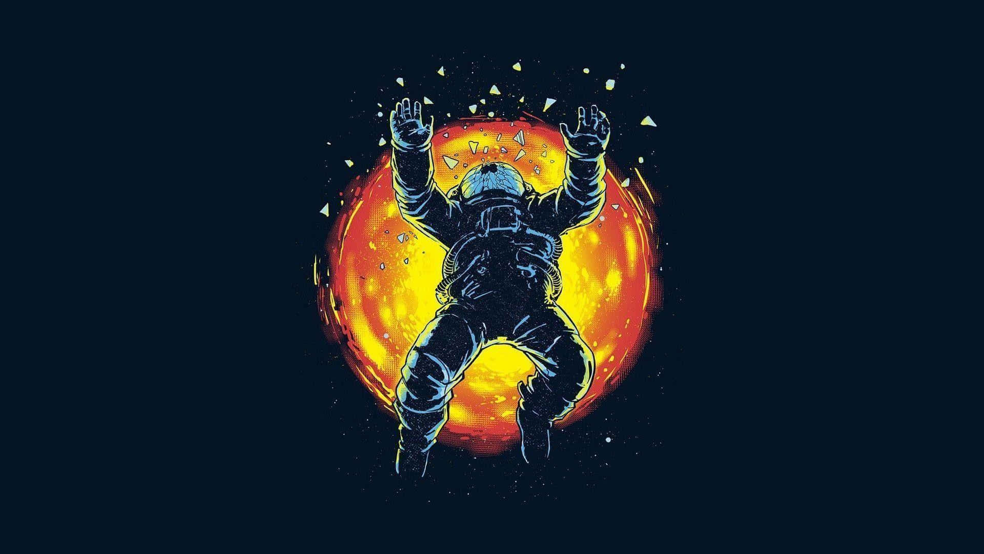 Astronaut Desktop 桌布 壁紙 — 一名太空人對著火紅色的太陽，高舉雙臂，以宇宙勝利的姿態漂浮著。