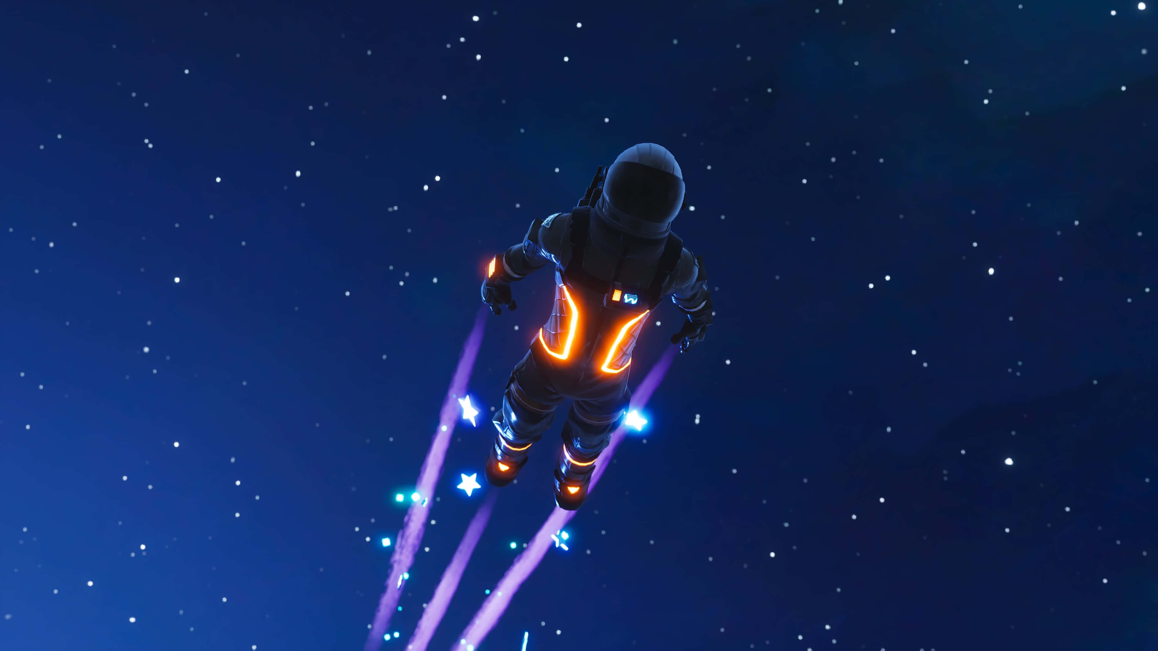 Fortnite 桌布 壁紙 — 一名太空人帶著發光的橙色和藍色推進器，漂浮在繁星點點的深藍色太空中。