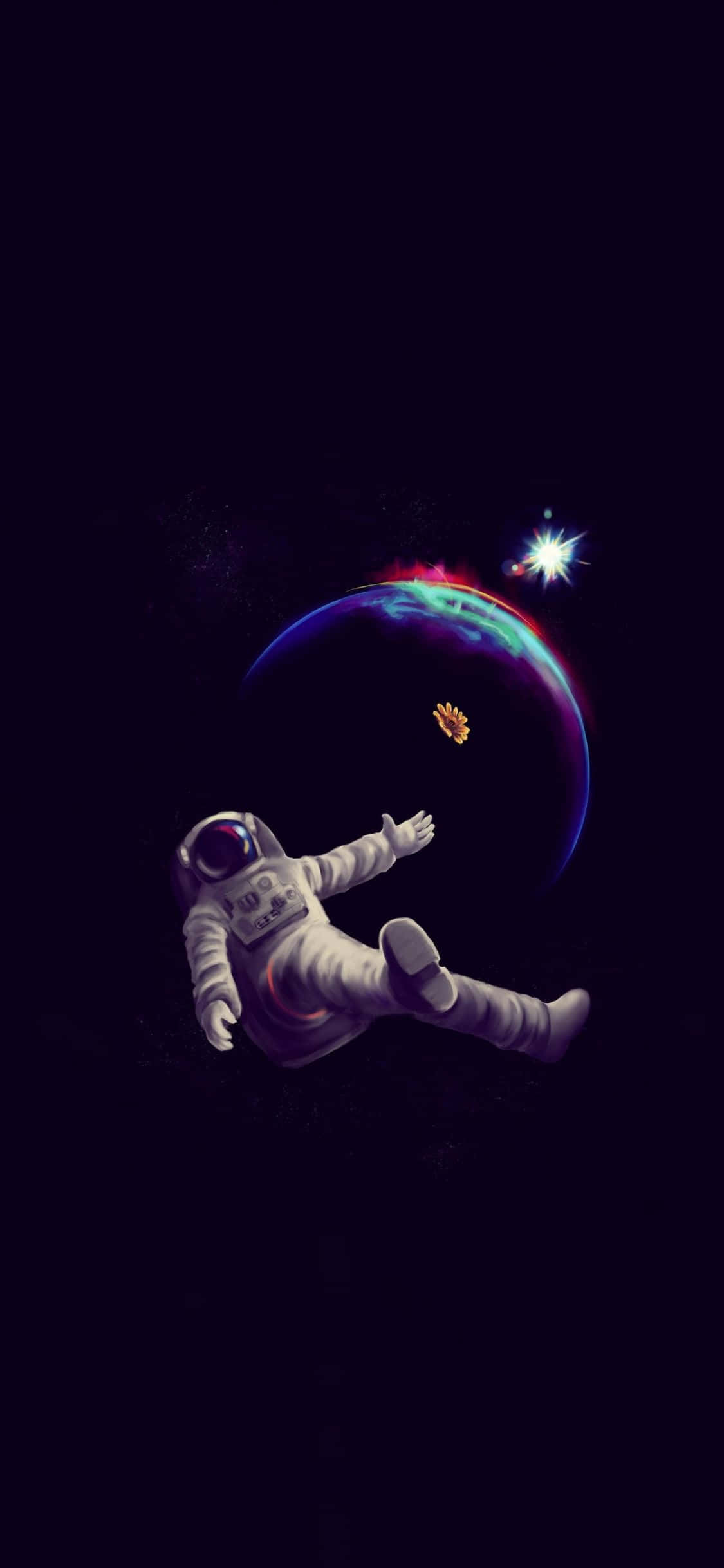 Astronaut iPhone 桌布 壁紙 — 一名太空人張開雙臂漂浮在太空，靠近一顆發光的行星和一顆明亮的星星。