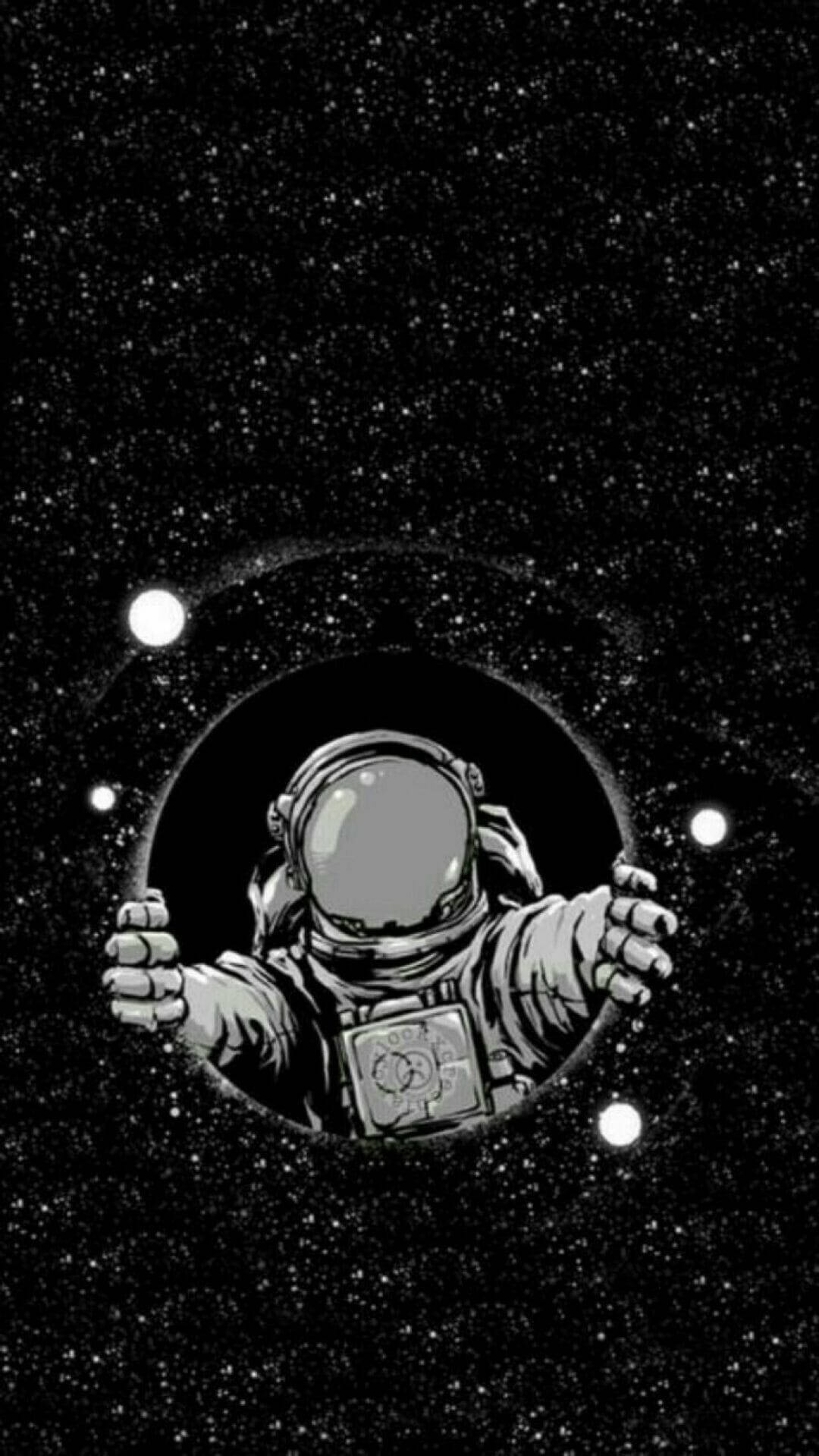 astronaut aesthetic 桌布 壁紙 — 一名太空人張開雙臂穿過一個圓形傳送門，漂浮在星空和發光球體環繞的太空中。