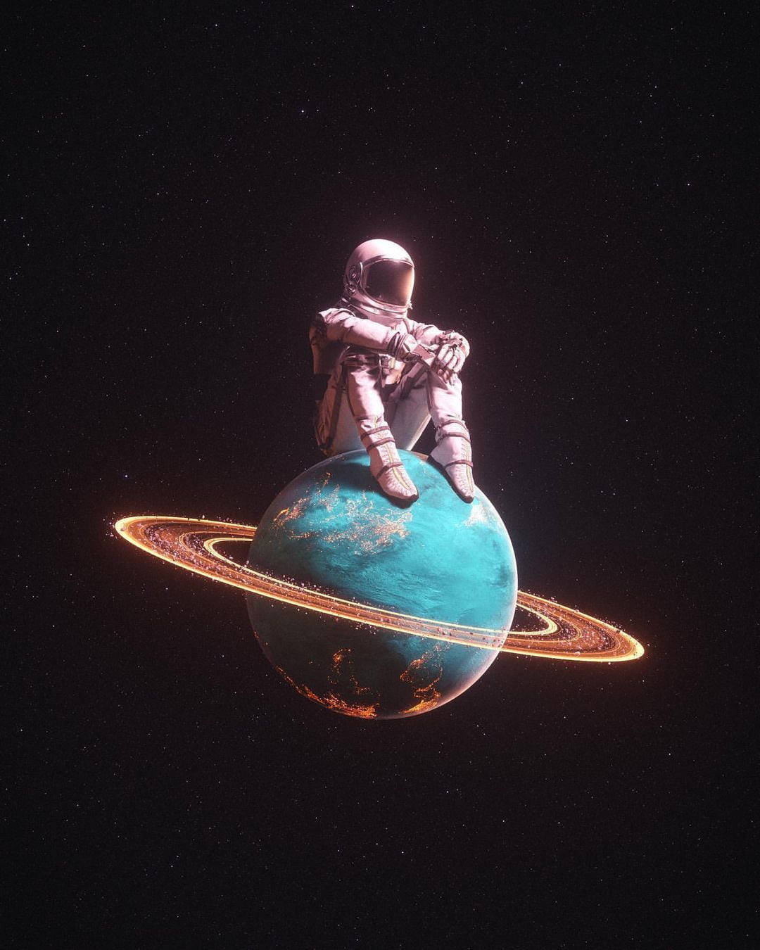 太空 桌布 壁紙 — 一名太空人沉思地坐在一顆發光的藍色行星上，行星帶有金色光環，背景是繁星點點的宇宙虛空。