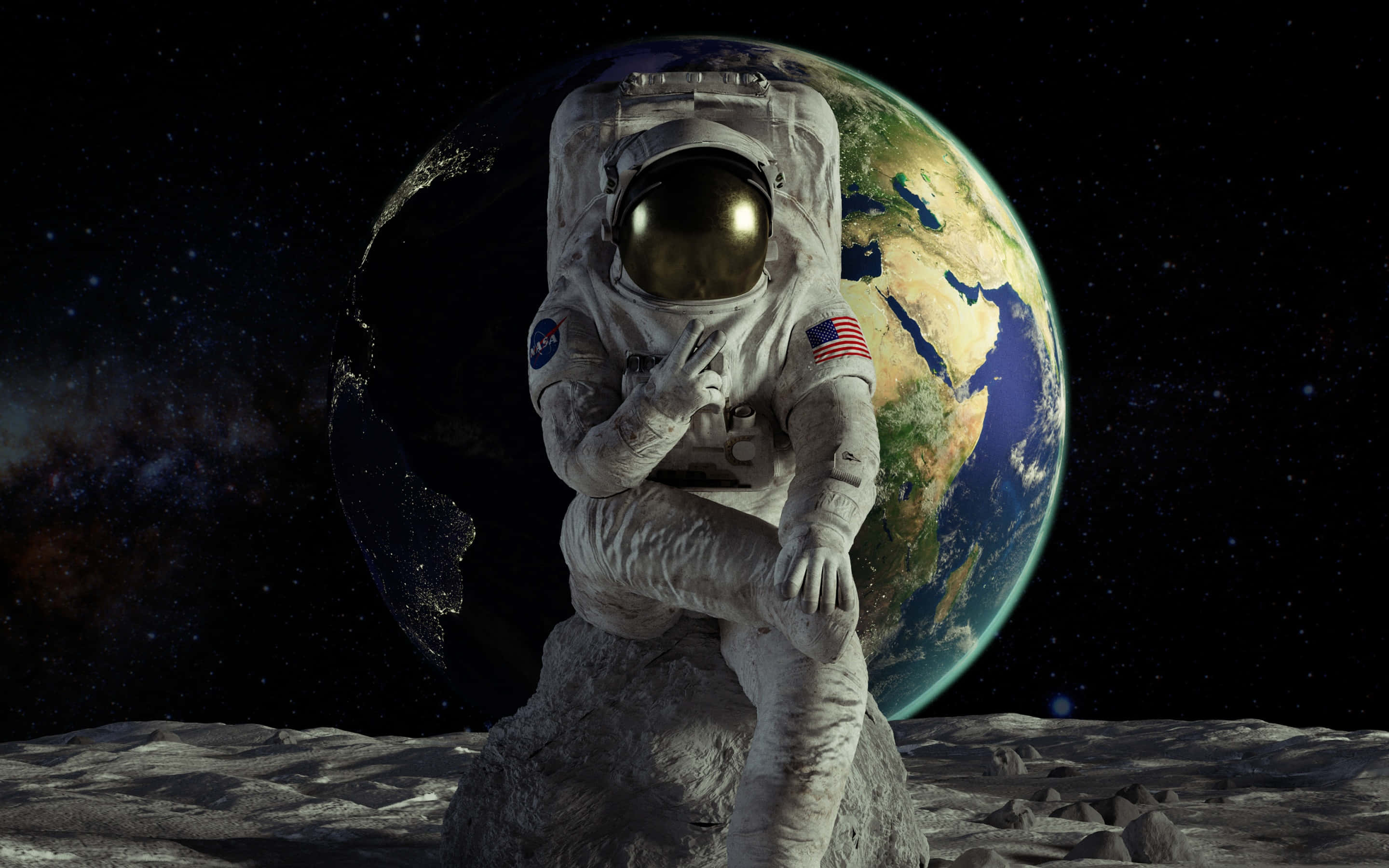 Amazing Astronaut 桌布 壁紙 — 一名太空人沉思地坐在月球表面，地球在繁星虛空後方發光。