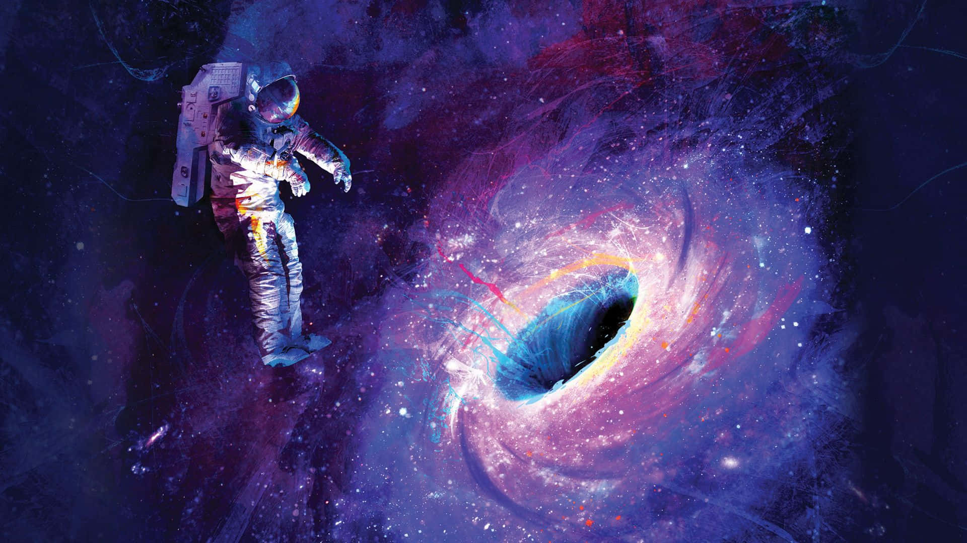 太空人 桌布 壁紙 — 一名太空人漂浮在一個充滿星光的紫色和藍色星雲中，靠近一個旋轉的宇宙漩渦。