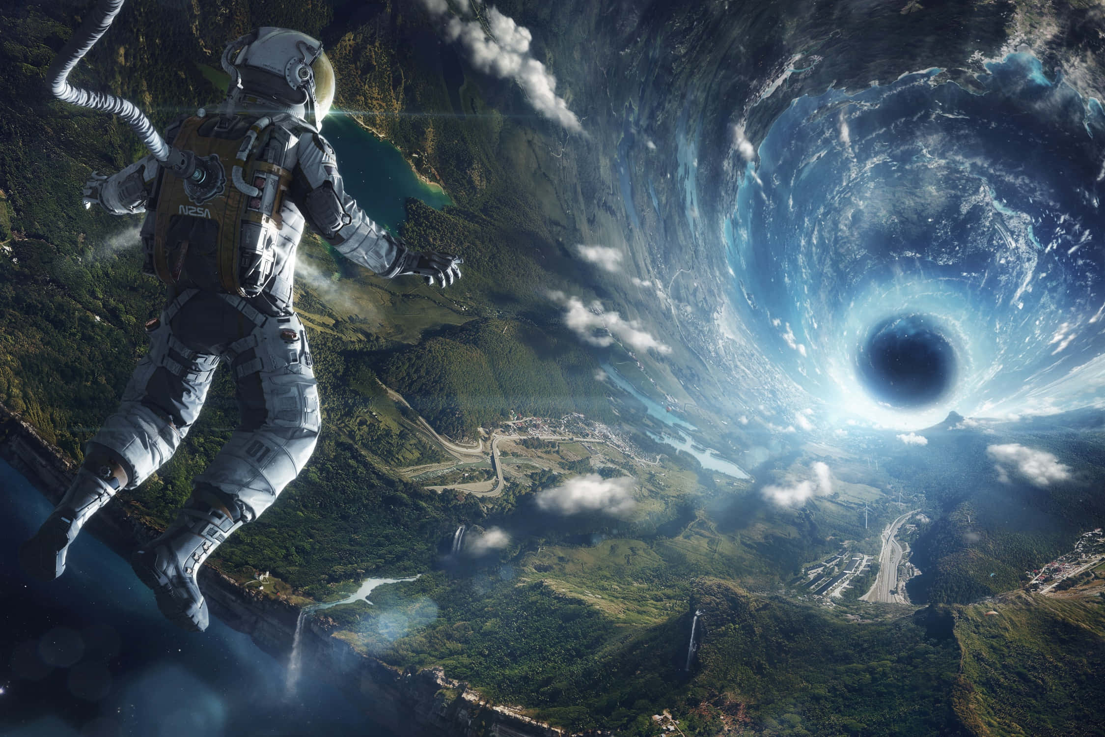 Space Exploration 桌布 壁紙 — 一名太空人漂浮在一個鬱鬱蔥蔥的綠色星球上方，一個巨大的宇宙蟲洞在天空中旋轉。