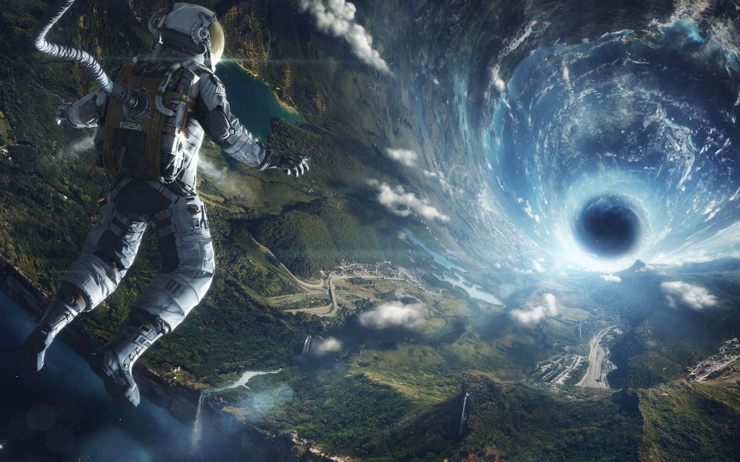 科幻 桌布 壁紙 — 一名太空人漂浮在一個鬱鬱蔥蔥的綠色星球上方，一個巨大的旋轉黑洞在天空中若隱若現。