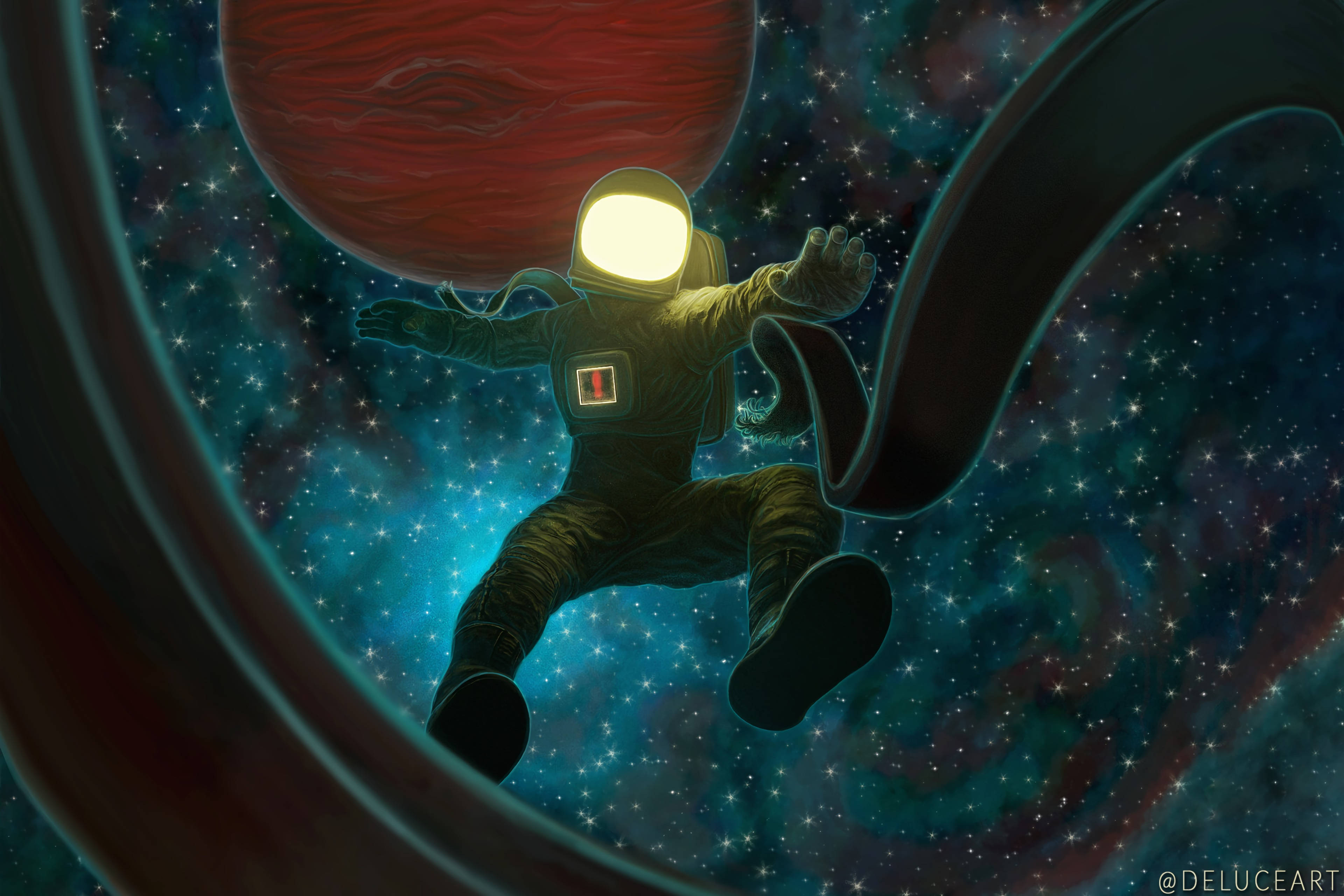 太空人 桌布 壁紙 — 一名太空人漂浮在佈滿星星的宇宙隧道中，頭盔發光，背景中有一顆紅色星球若隱若現。