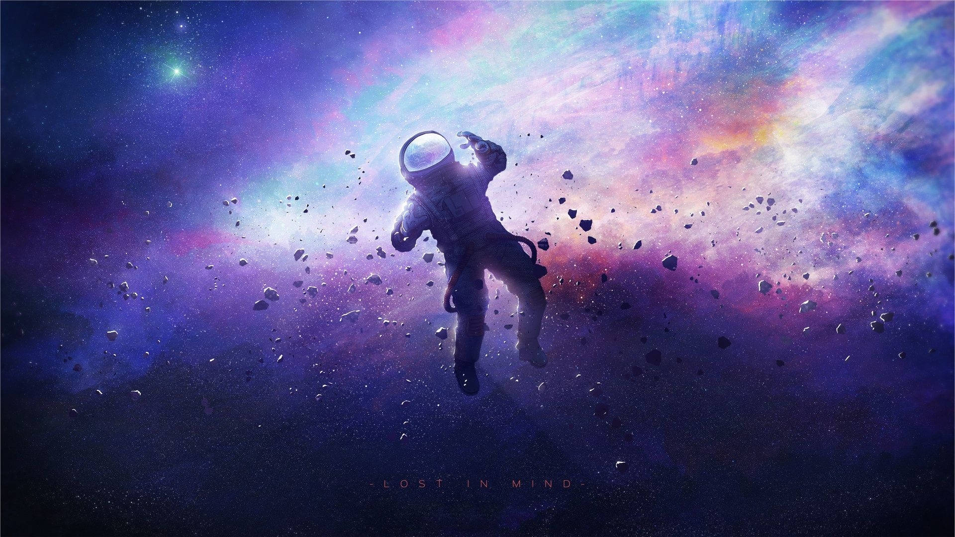Stars 桌布 壁紙 — 一名太空人漂浮在充滿浮游小行星和閃爍恆星的鮮豔宇宙星雲中。
