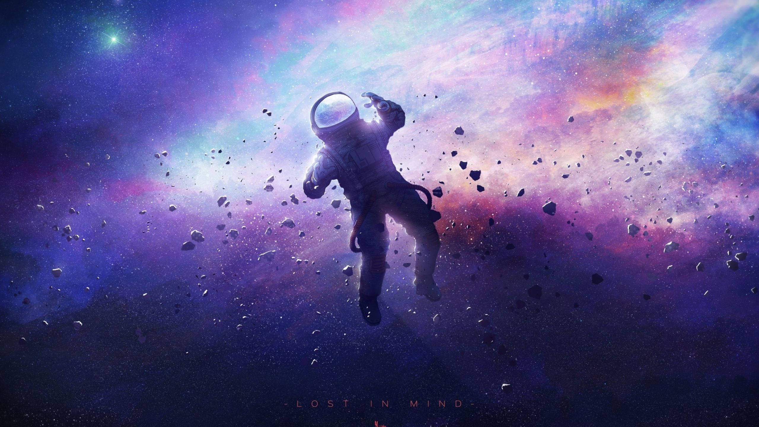 太空 桌布 壁紙 — 一名太空人漂浮在充滿浮游小行星和發光紫藍色恆星的鮮豔宇宙星雲中。