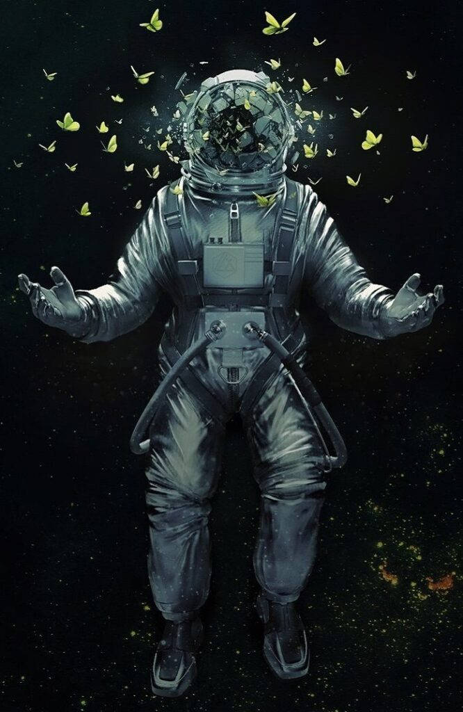 Cool Android 桌布 壁紙 — 一名太空人漂浮在太空中，頭盔破裂，黃色蝴蝶從破碎的面罩中飛出。