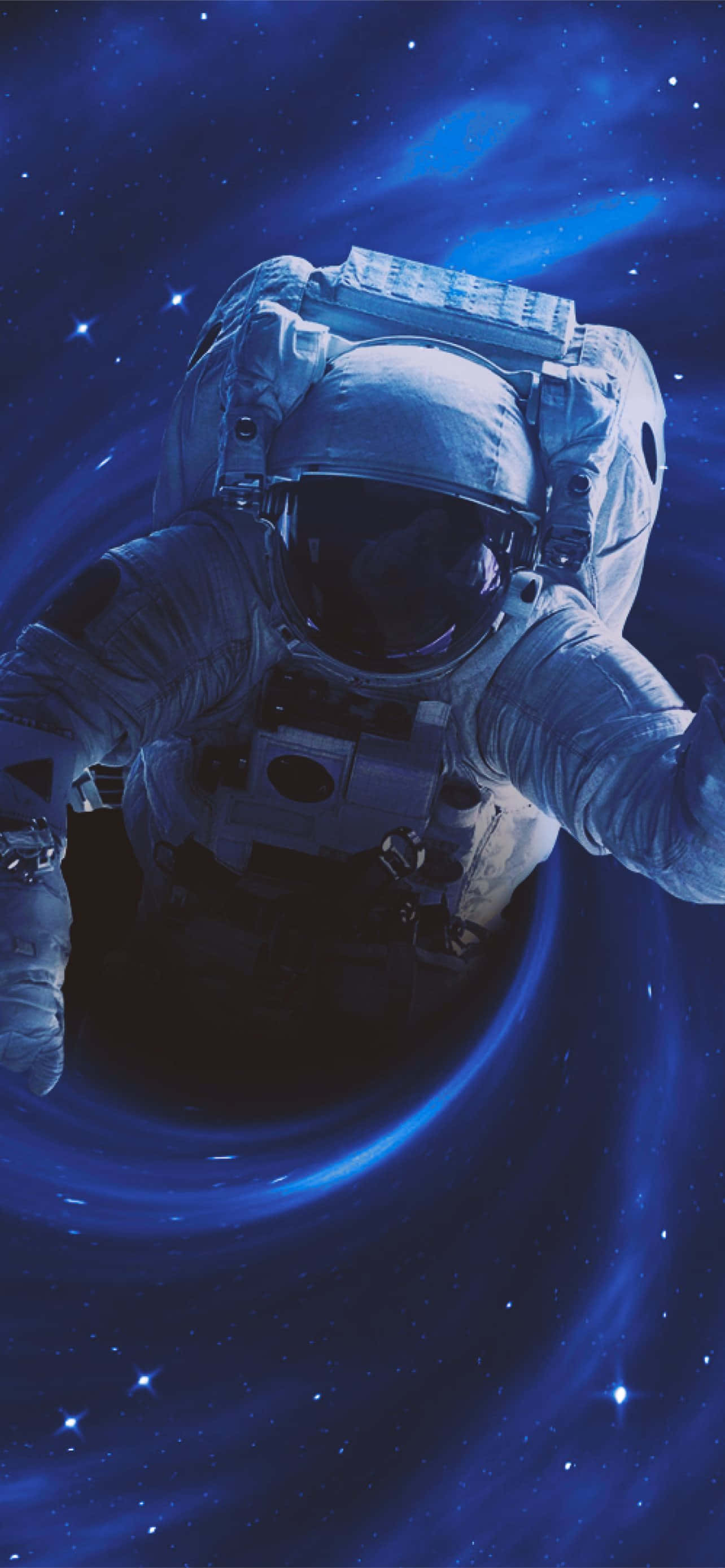 Astro Jack 桌布 壁紙 — 一名太空人漂浮在深藍色的宇宙虛空中，周圍環繞著旋轉的星雲和遙遠的恆星。