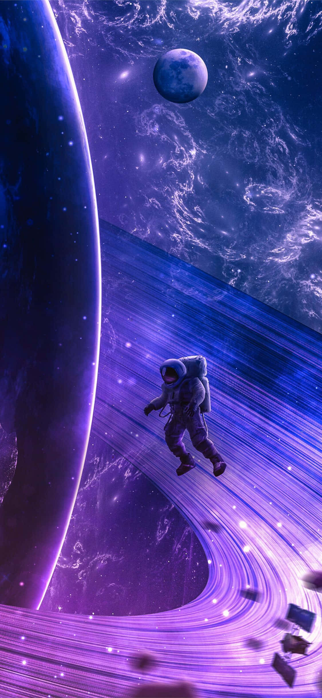 Astro Jack 桌布 壁紙 — 一名太空人漂浮在紫色光的宇宙隧道中，背景有行星和星場。