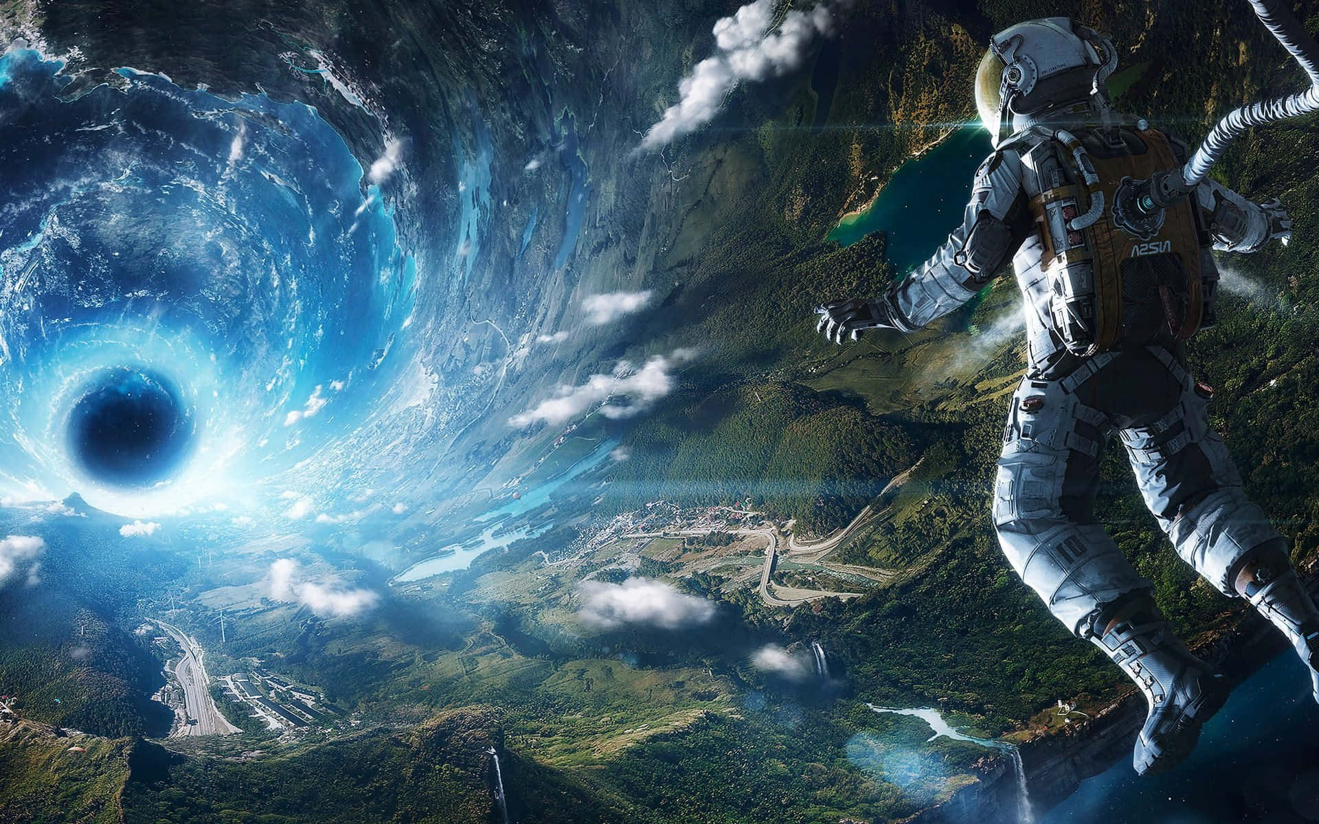酷炫太空 桌布 壁紙 — 一名太空人漂浮在鬱鬱蔥蔥的綠色星球上方，一個旋轉的藍色黑洞在天空中若隱若現。