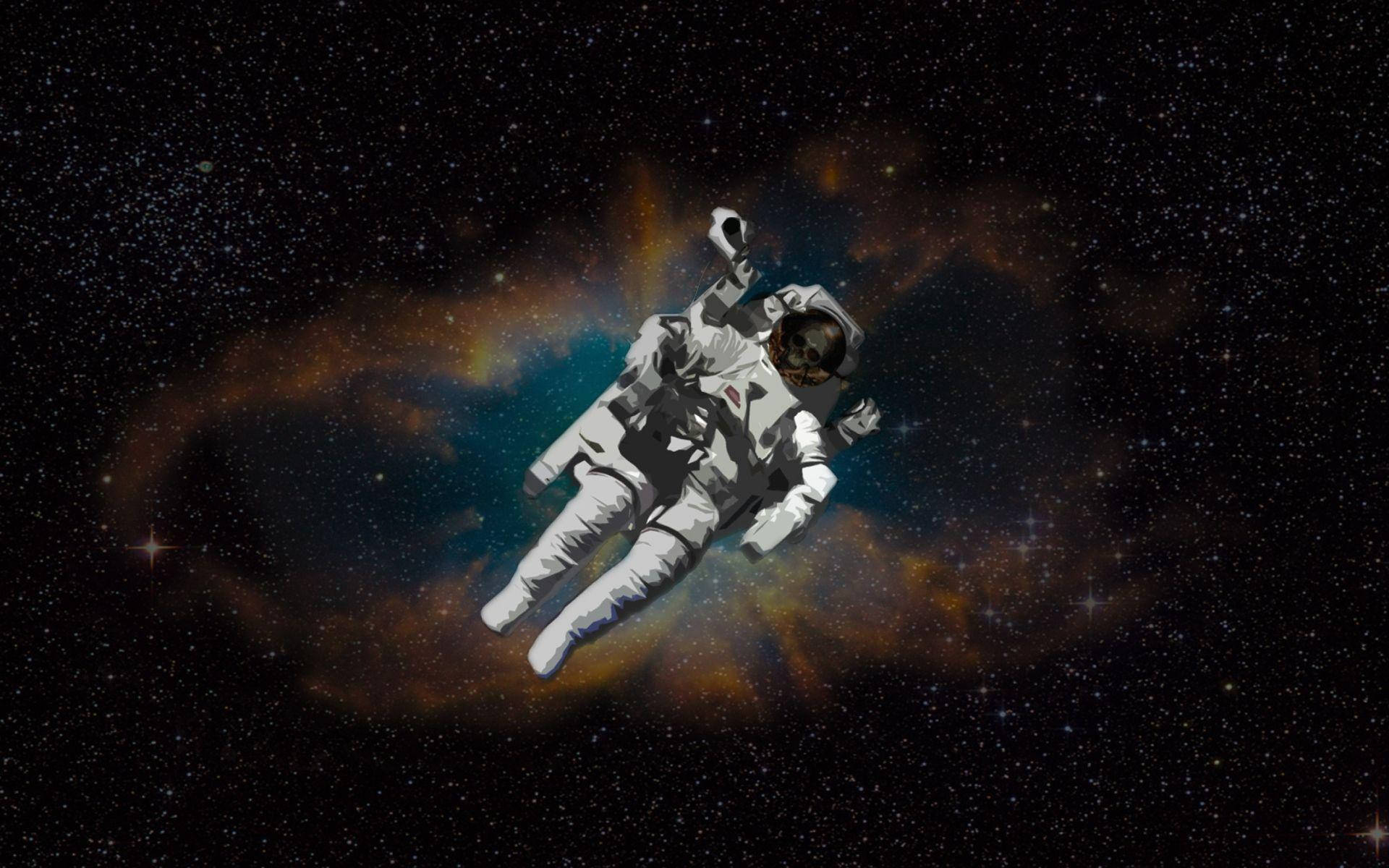 銀河 桌布 壁紙 — 一名太空人無重漂浮在充滿活力的宇宙星雲前，星雲散發著橙色和藍色光芒。