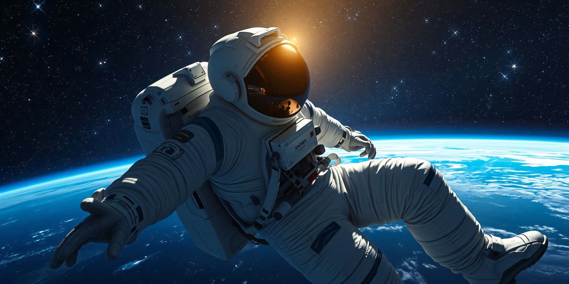Space 壁紙 — 一名太空人無重漂浮在地球的藍色曲線之上，背景是星光閃爍的宇宙和背後發光的太陽。