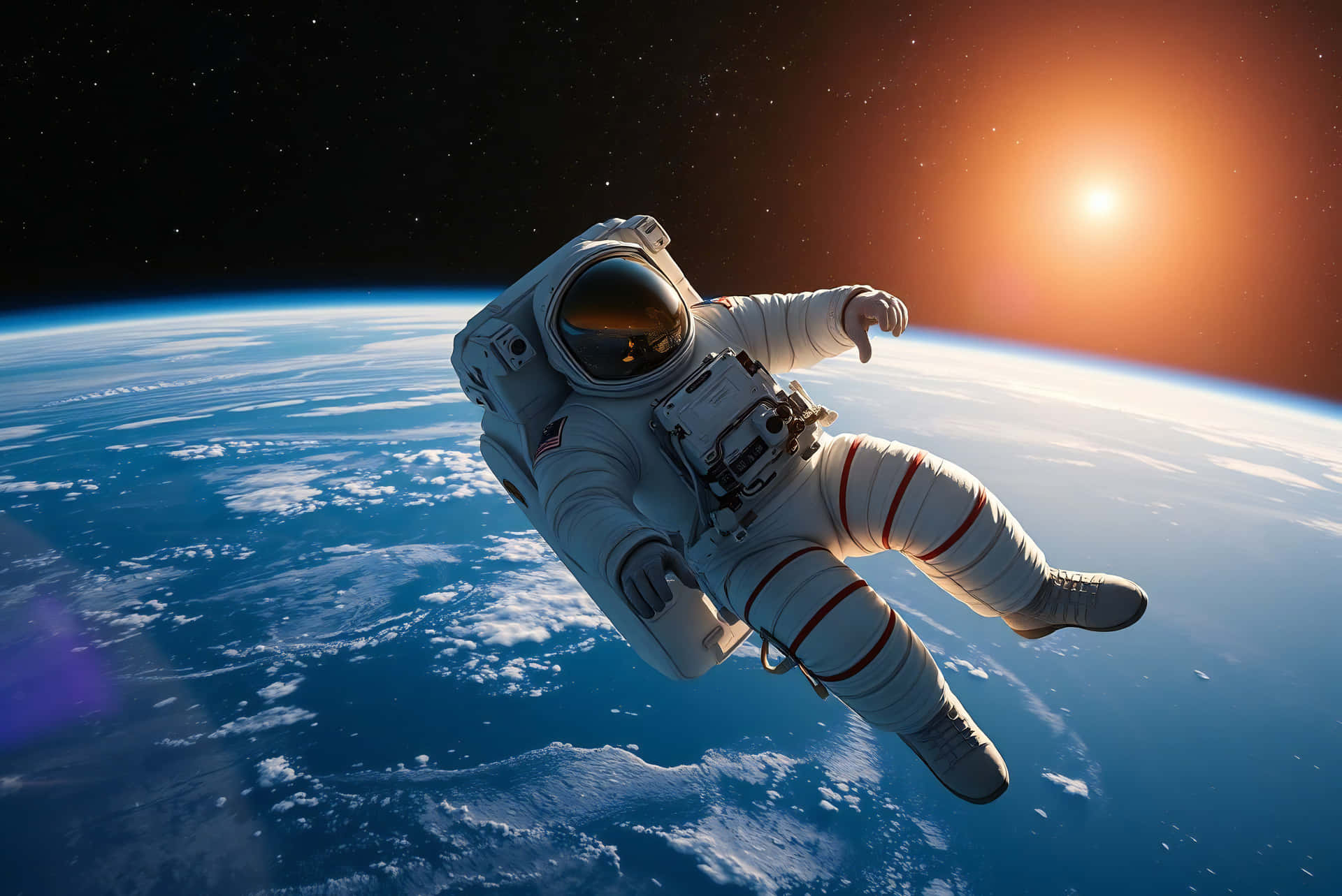 Space Travel 壁紙 — 一名太空人無重漂浮在地球藍色彎曲地平線之上，一顆發光的太陽在繁星點點的黑色天空中投射出溫暖的光芒。