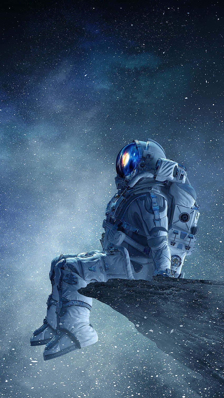 Deep Space 桌布 壁紙 — 一名太空人獨自坐在宇宙岩石上，凝視著散發藍色和紫色光芒的星雲。