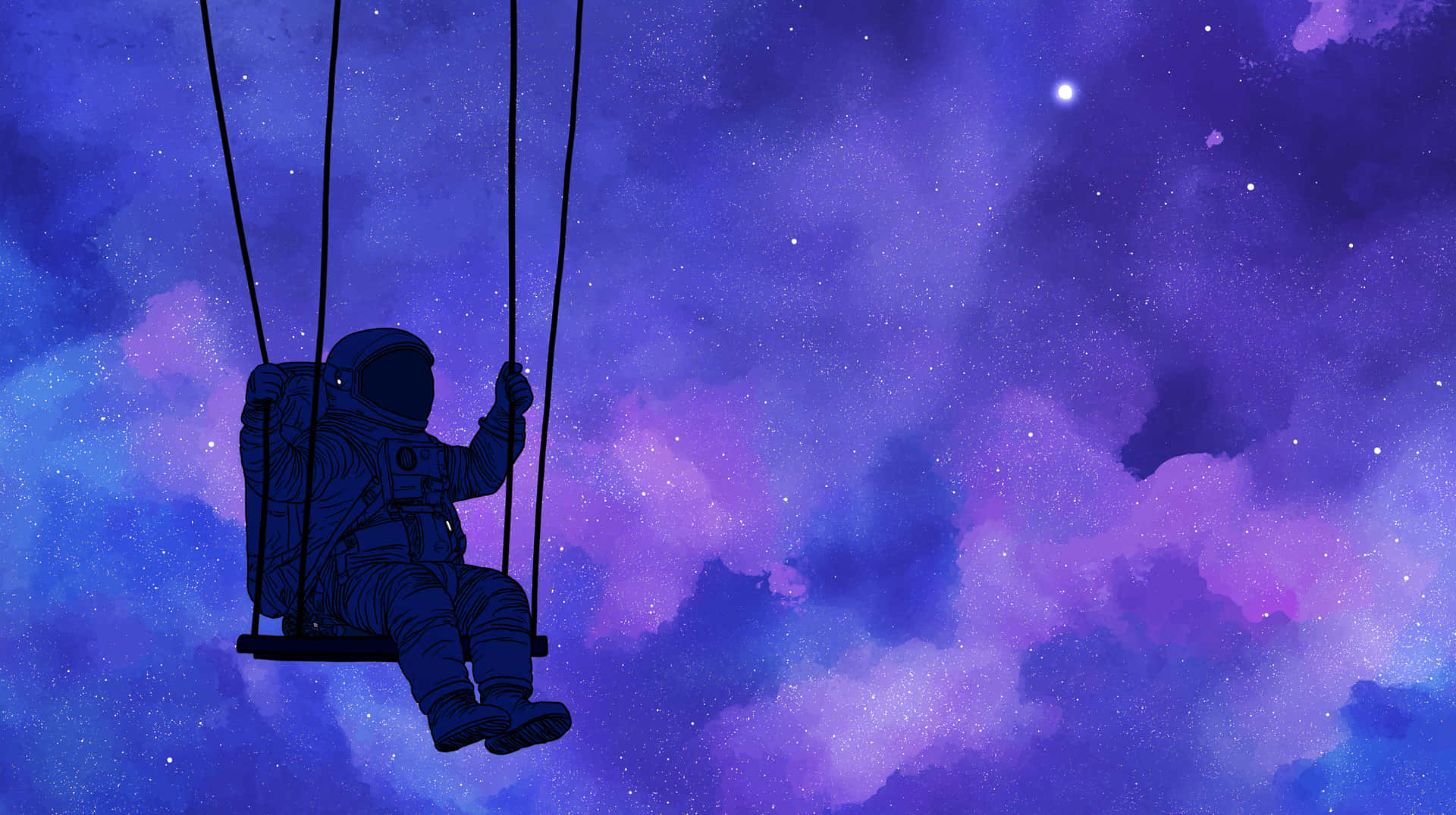 Astronaut Silhouette Swinging Against Cosmic Purple Sky 壁紙 — 一名太空人獨自坐在懸浮於充滿活力的紫色和藍色星雲中的鞦韆上。