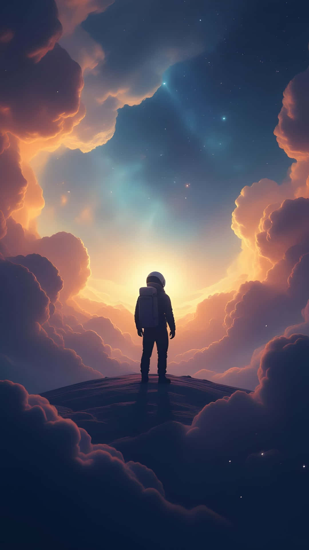Astronaut Standing on a Cloud Peak at Sunset 壁紙 — 一名太空人獨自站在山丘上，周圍是發光的雲彩，在繁星點點的暮色天空下。