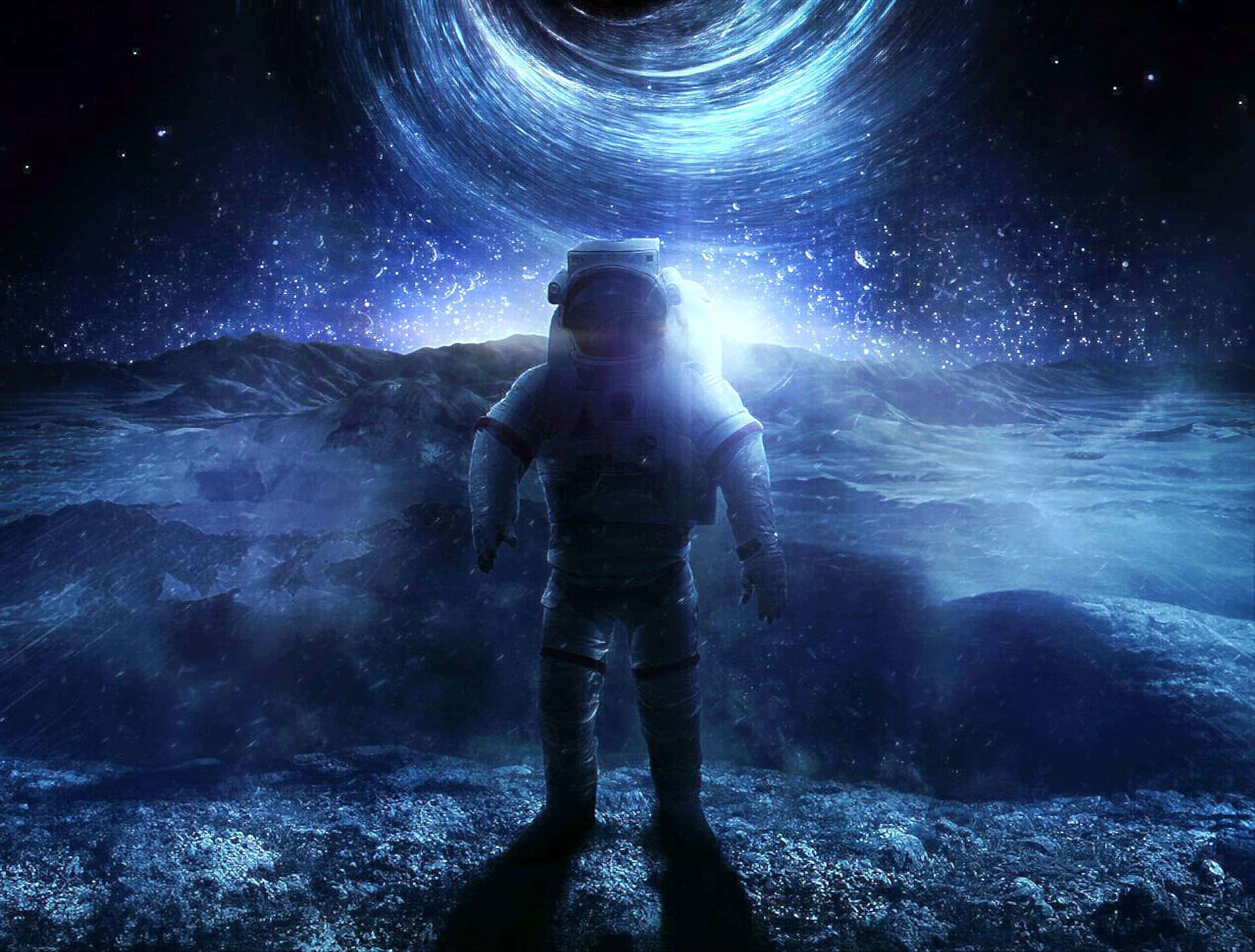 Space Mission 桌布 壁紙 — 一名太空人獨自站在岩石外星行星上，下方是散發藍光的旋轉宇宙漩渦。