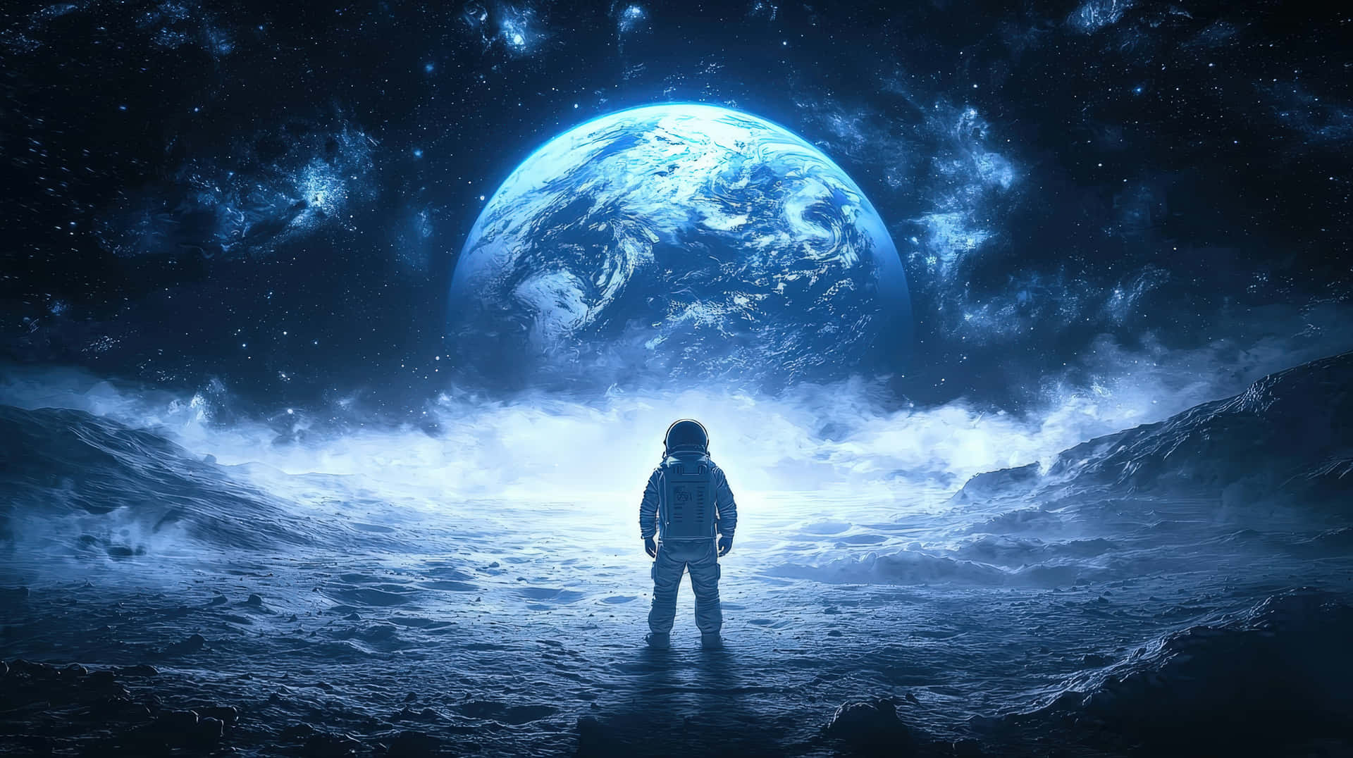 A lone astronaut stands on an alien landscape, looking at Earth in the distance, surrounded by stars 壁紙 — 一名太空人獨自站在月球般的表面上，凝視著懸浮在星空宇宙中的發光藍色地球。