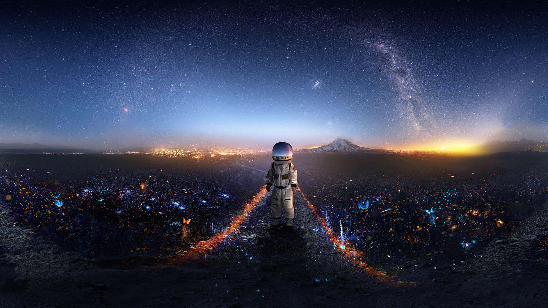  壁紙 — 一名太空人獨自站在滿天星斗的外星景觀中，周圍有發光的植物和遠處的城市，背景是銀河天空。
