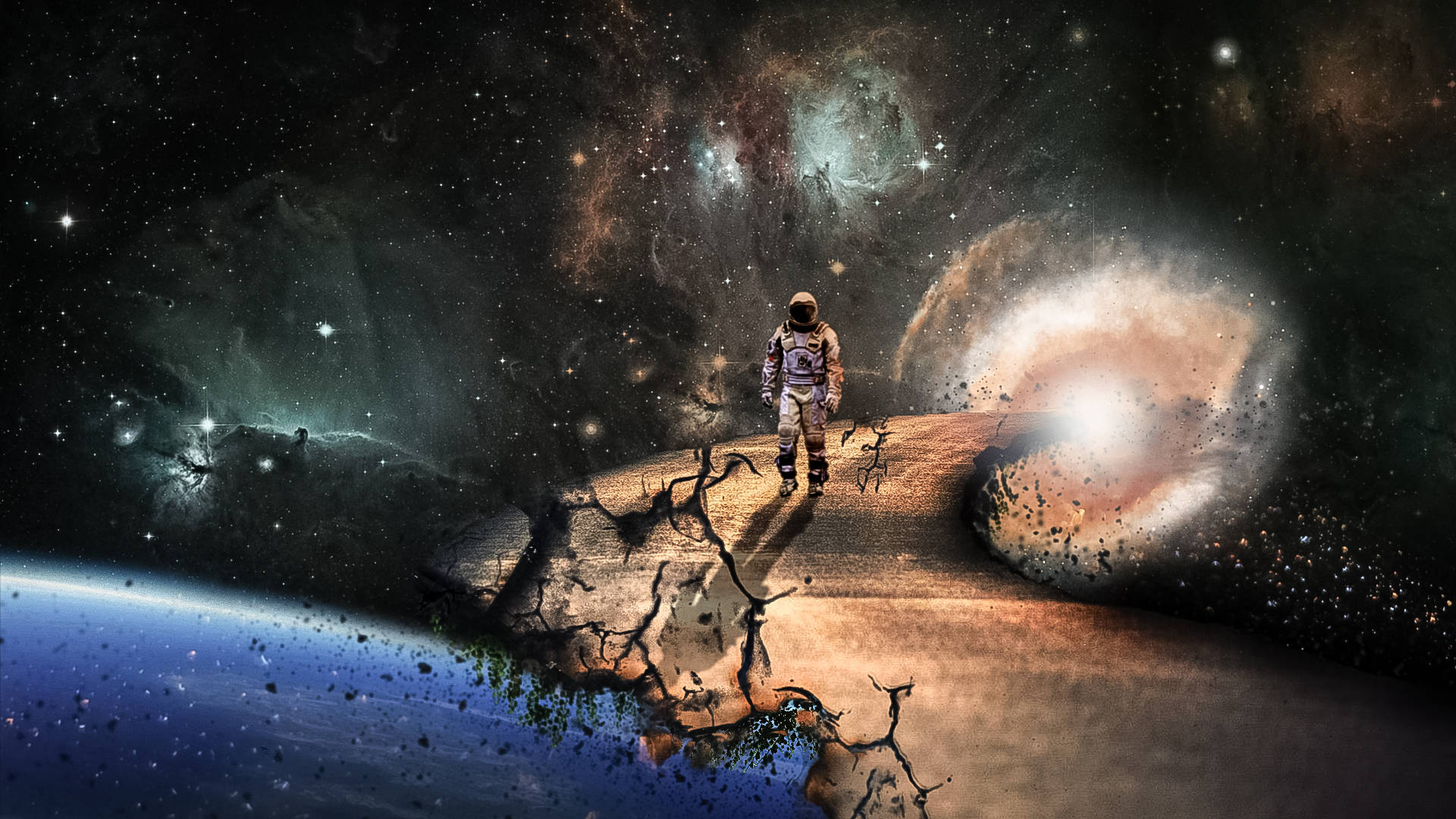 夢幻 桌布 壁紙 — 一名太空人獨自站在破裂的宇宙景觀上，地球在下方，旋轉的星雲在星空虛空中發光。