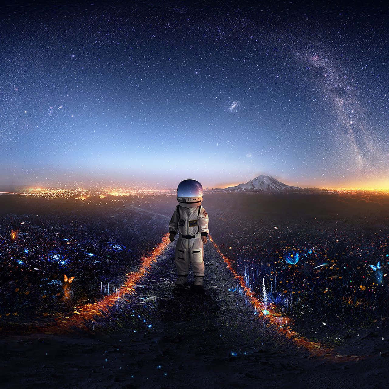 Galaxy Artwork 桌布 壁紙 — 一名太空人獨自走在發光的道路上，穿越星光閃爍的外星景觀，下方有遠山和城市燈光。