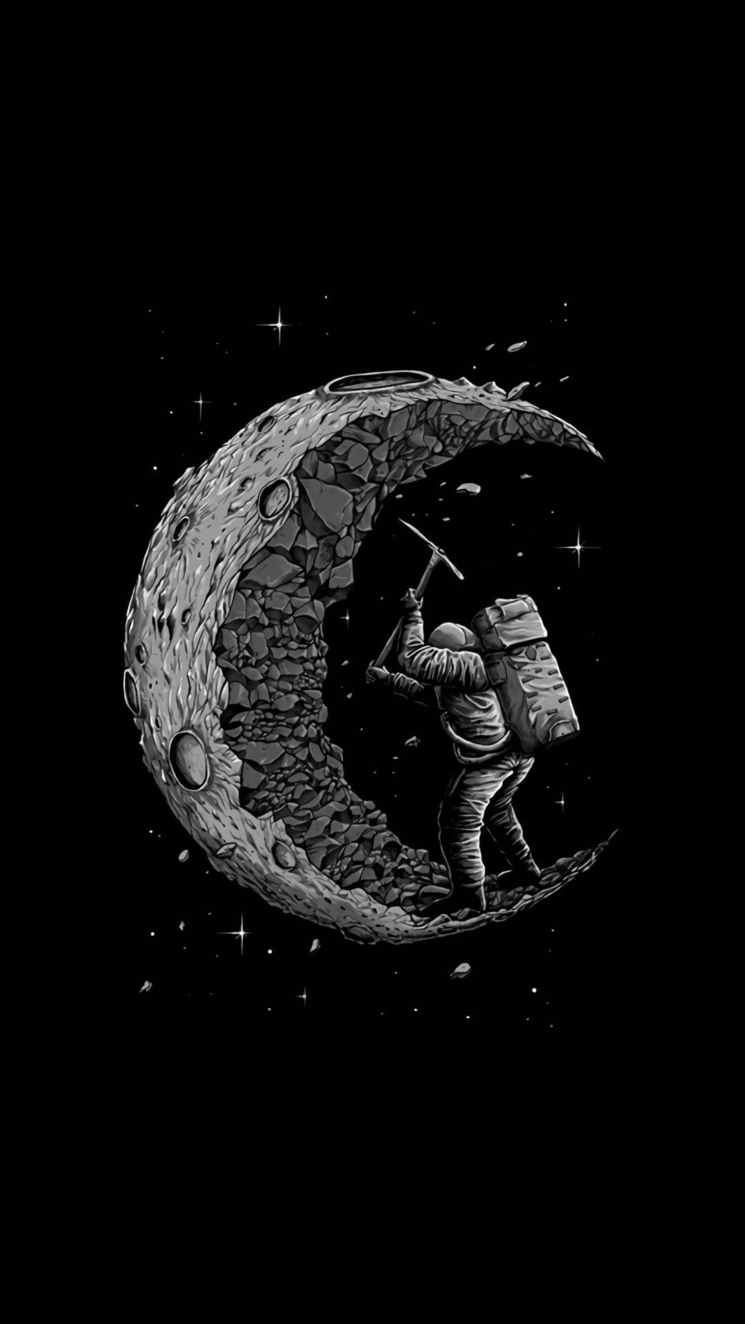 太空人 桌布 壁紙 — 一名太空人用鎬在滿是星星的黑色天空中開採新月，呈現鮮明的黑白對比。